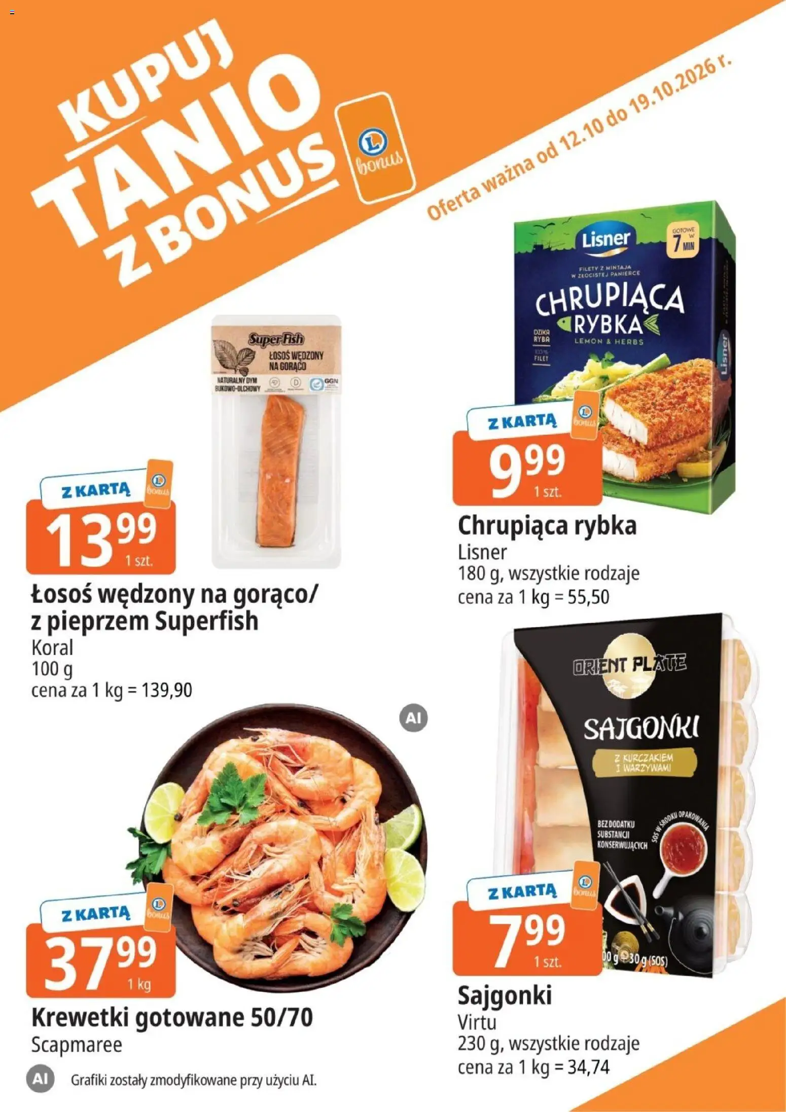 E.Leclerc gazetka - Kupuj Tanio Z Bonus od 12.10.2026 | Strona: 7 | Produkty: Krewetki, Sajgonki, Łosoś, Filet