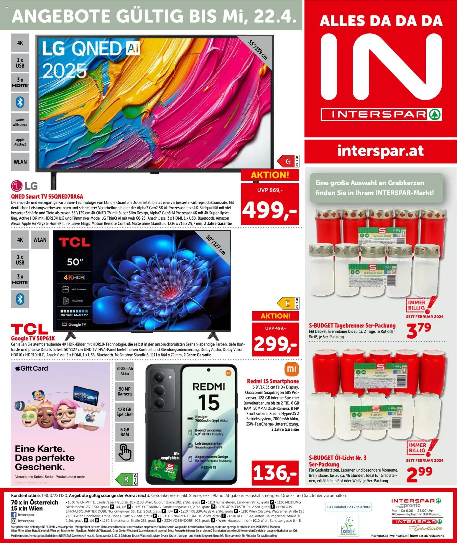 Interspar Flugblatt- Wien gültig ab 31.03.2026 | Seite: 21 | Produkte: Grabkerzen, Uhr, Kamera, Apple