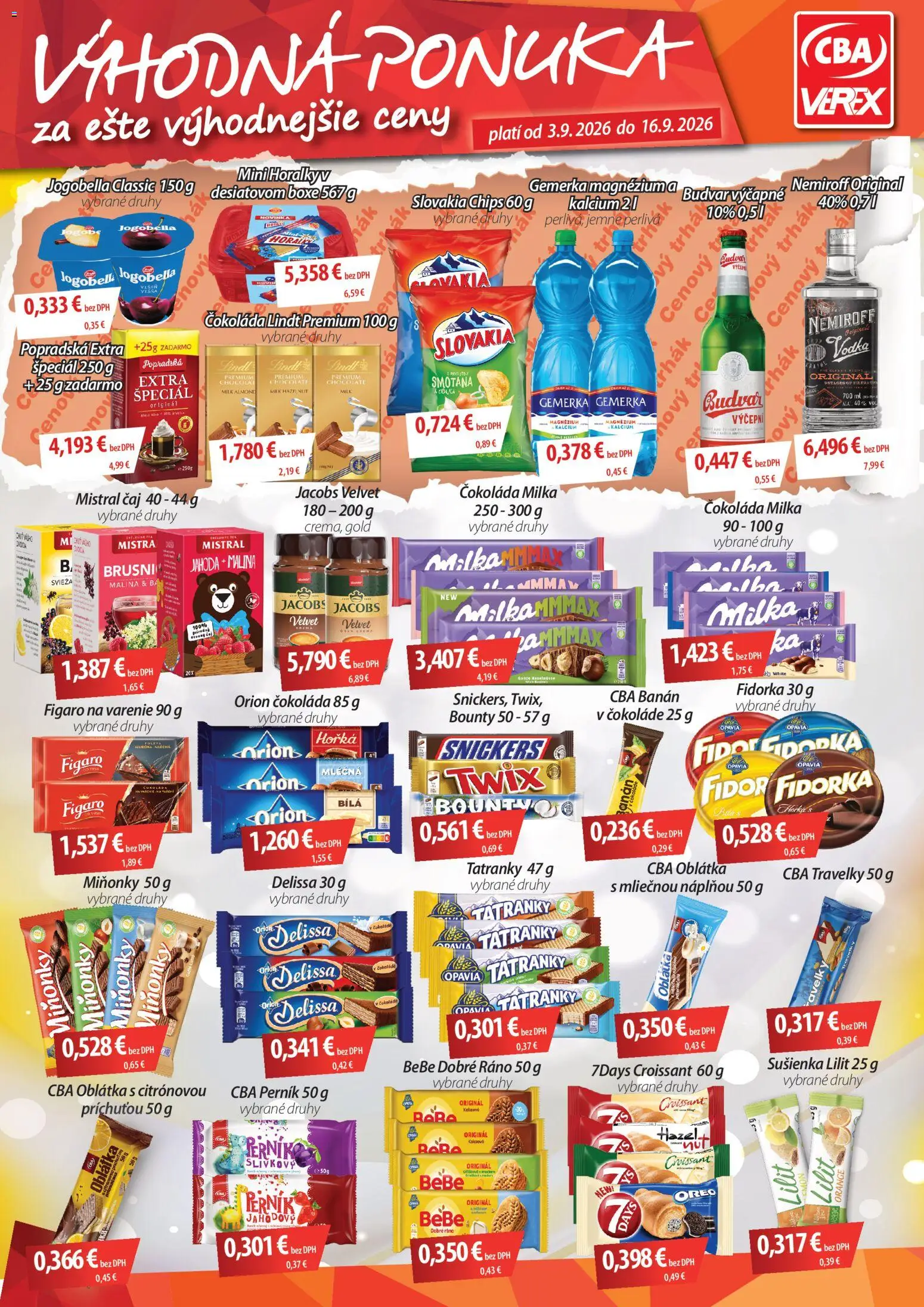 Nové CBA Verex akcie – leták je platný od 03.09.2026 | Strana: 1 | Produkty: Budvar, Oreo, Milka, Snickers