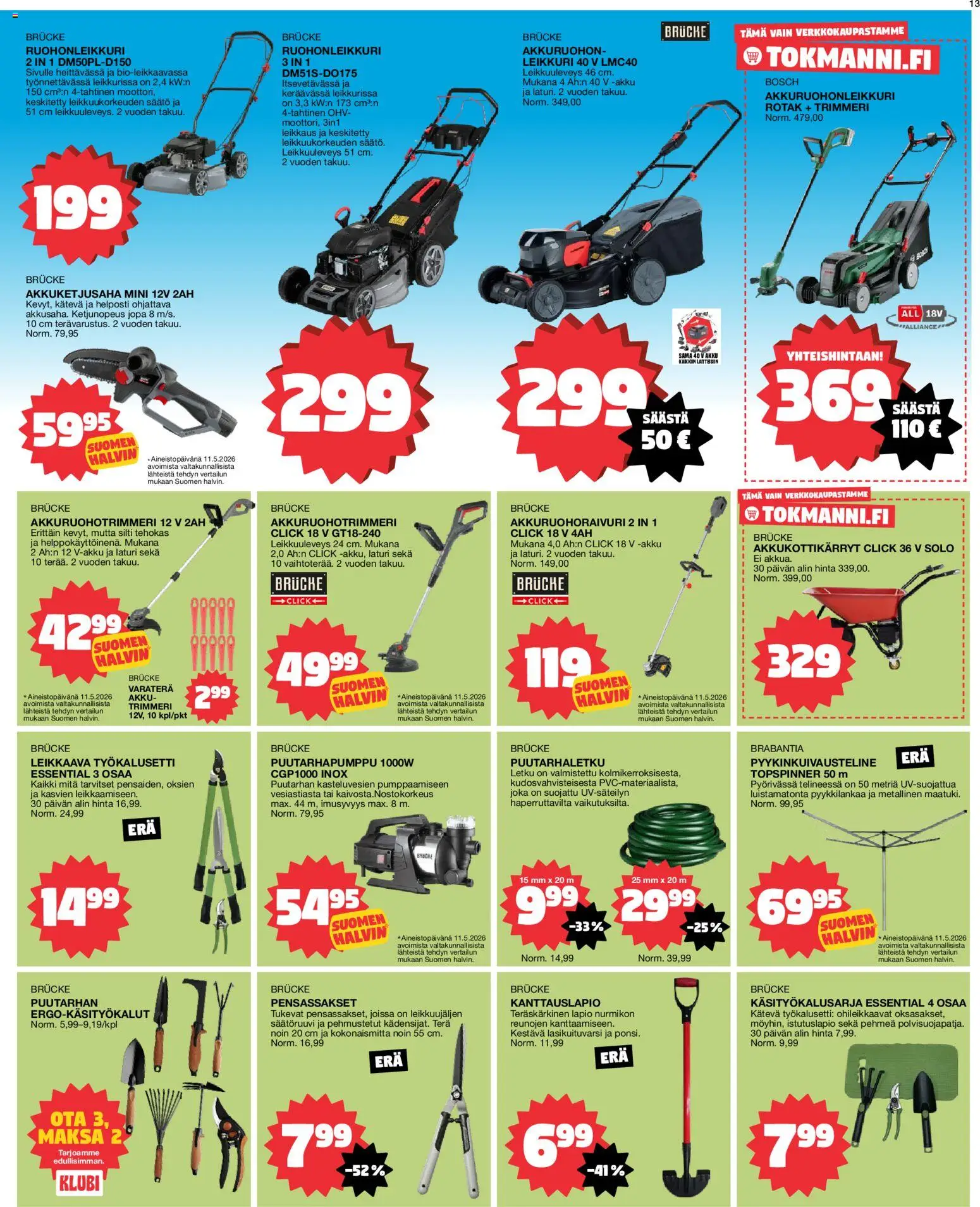 Tokmanni tarjoukset – voimassa 25.05.2026 alkaen | Sivu: 13 | Tuotteet: Letku, Leikkuri, Ruohonleikkuri, Akku