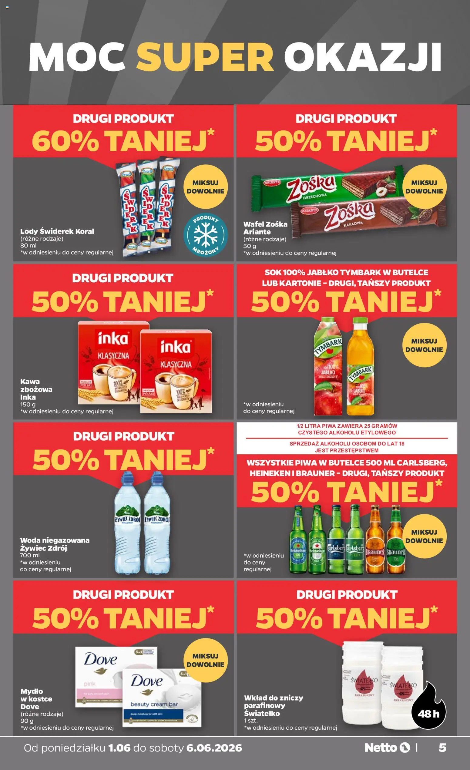 Netto gazetka od poniedziałku spożywcza od 01.06.2026 | Strona: 5 | Produkty: Kawa, Woda niegazowana, Mydło, Heineken