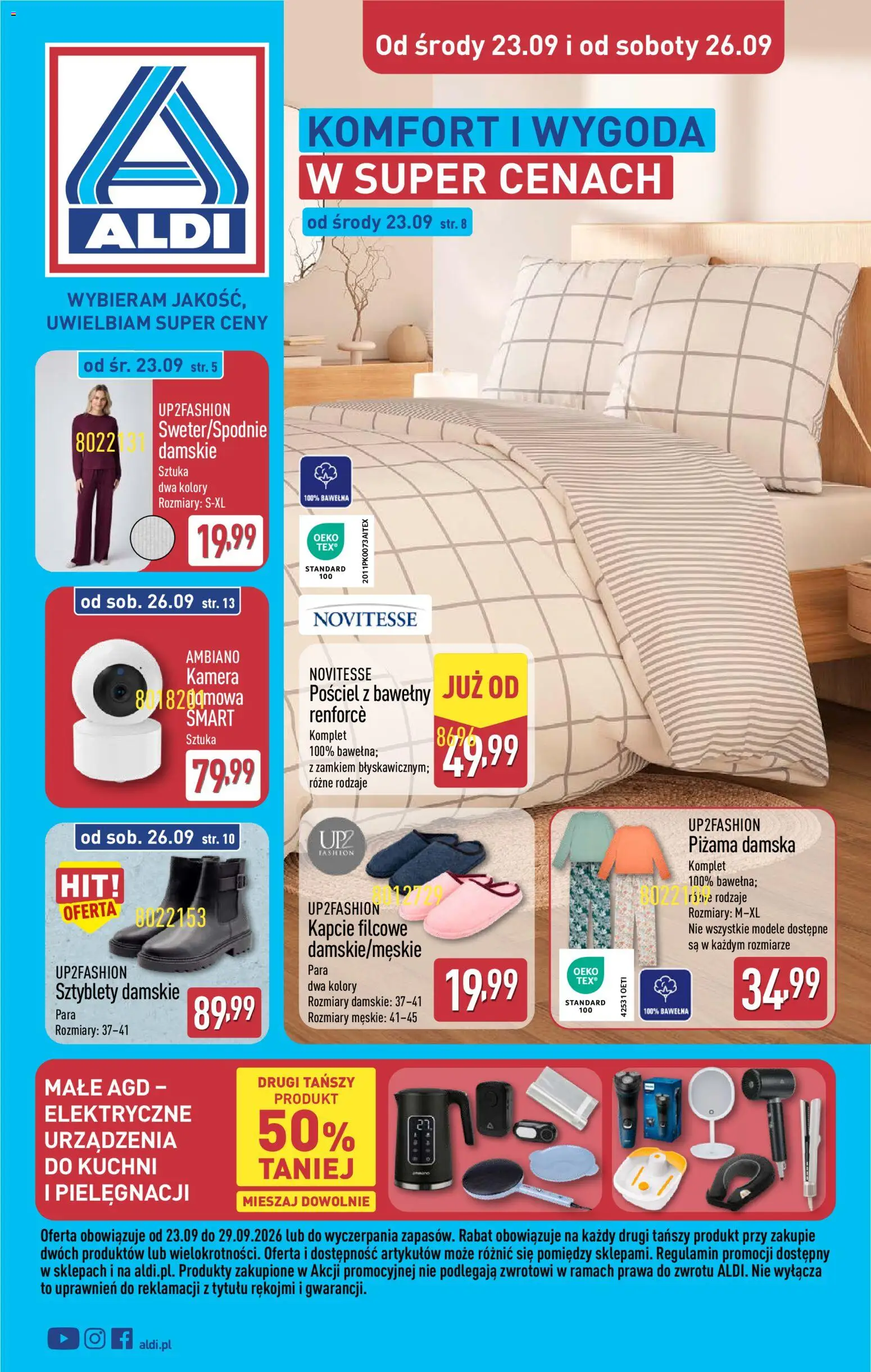 Aldi gazetka - Hity od Środy i od Soboty od 23.09.2026 | Strona: 1 | Produkty: Pościel, Sztyblety, Piżama, Kapcie
