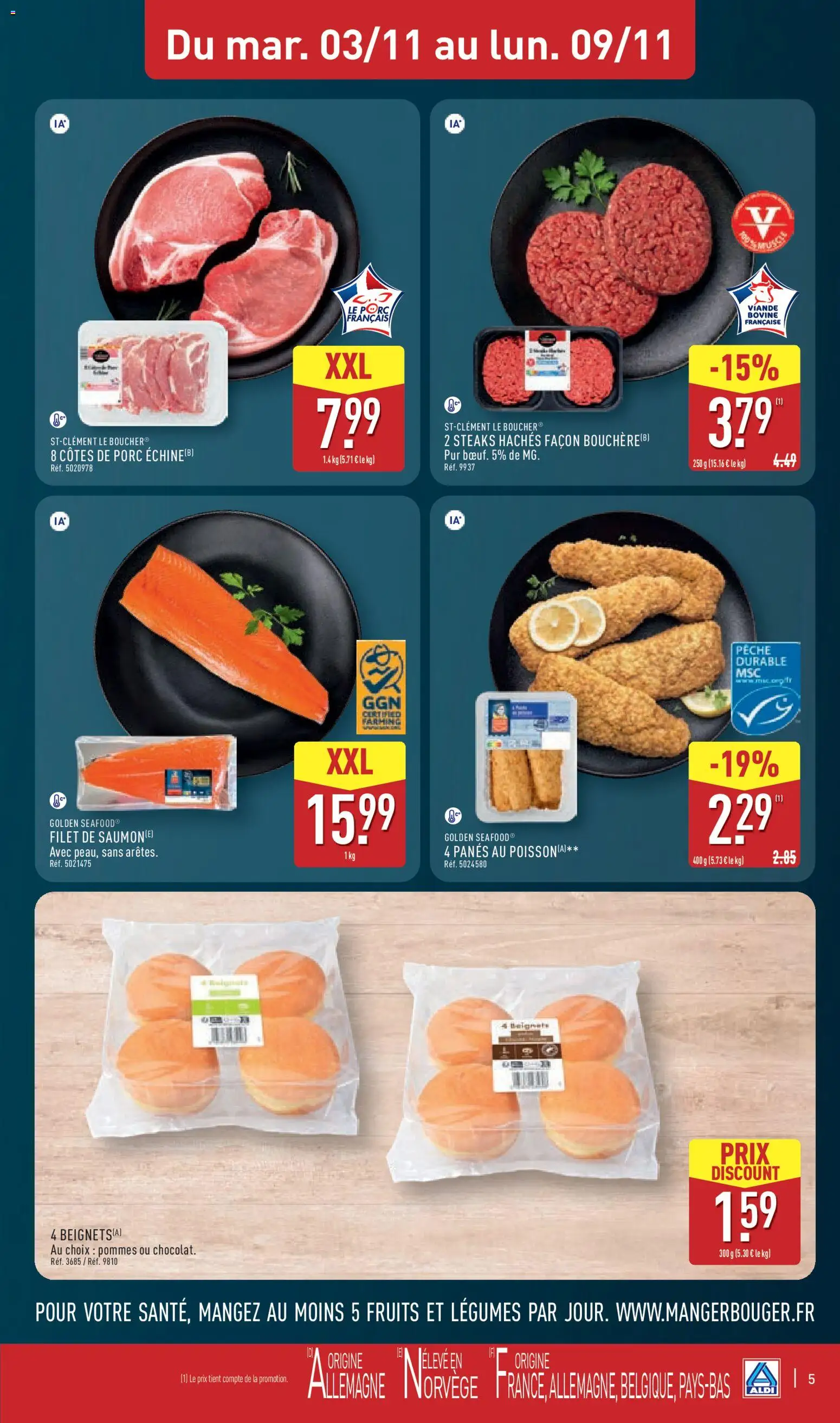{H1} | Page: 9 | Produits: Pêche, Steaks hachés façon, Pommes, Saumon