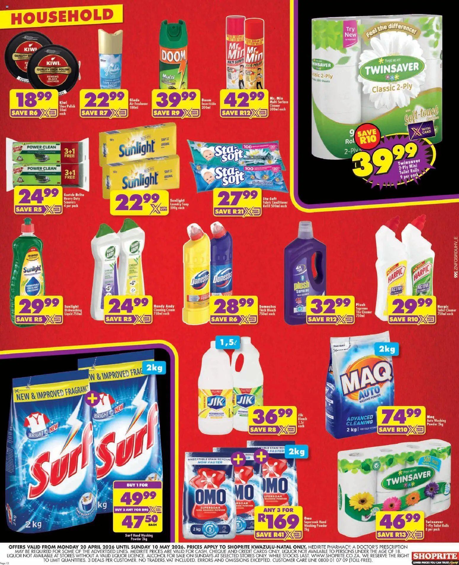 New Shoprite catalogue – valid from 20.04.2026 | Page: 12 | Products: Toilet, Surface cleaner, Cream, Washing powder