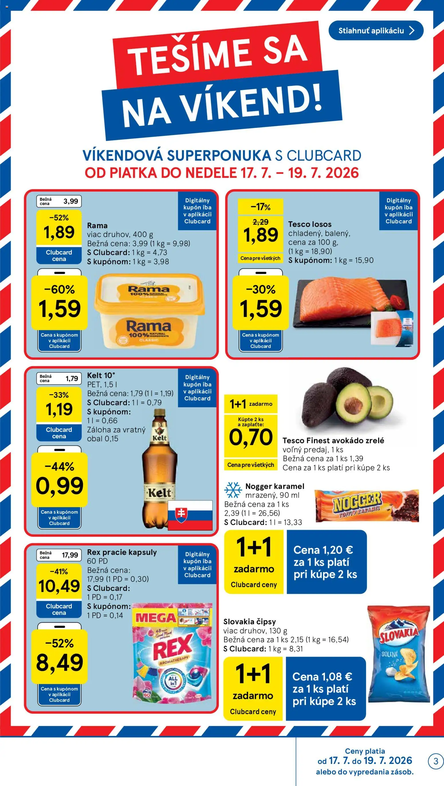 Nové Tesco akcie – leták je platný od 15.07.2026 | Strana: 3 | Produkty: Kelt, Losos, Avokádo, Rama