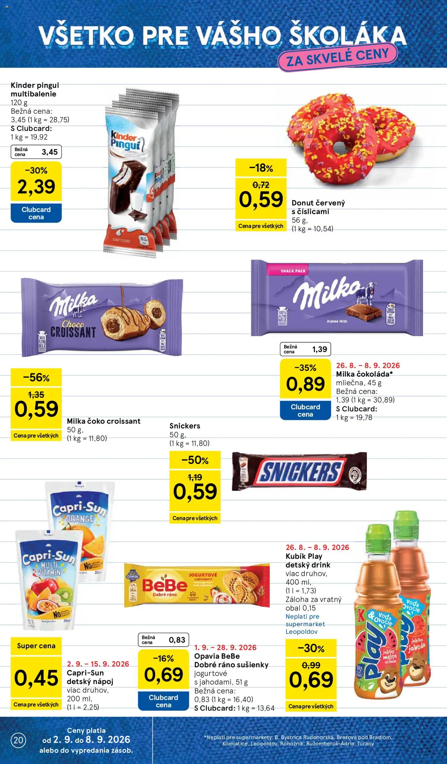 Nové Tesco akcie – leták je platný od 02.09.2026 | Strana: 20 | Produkty: BeBe Dobré ráno, Donut, Milka, Melón