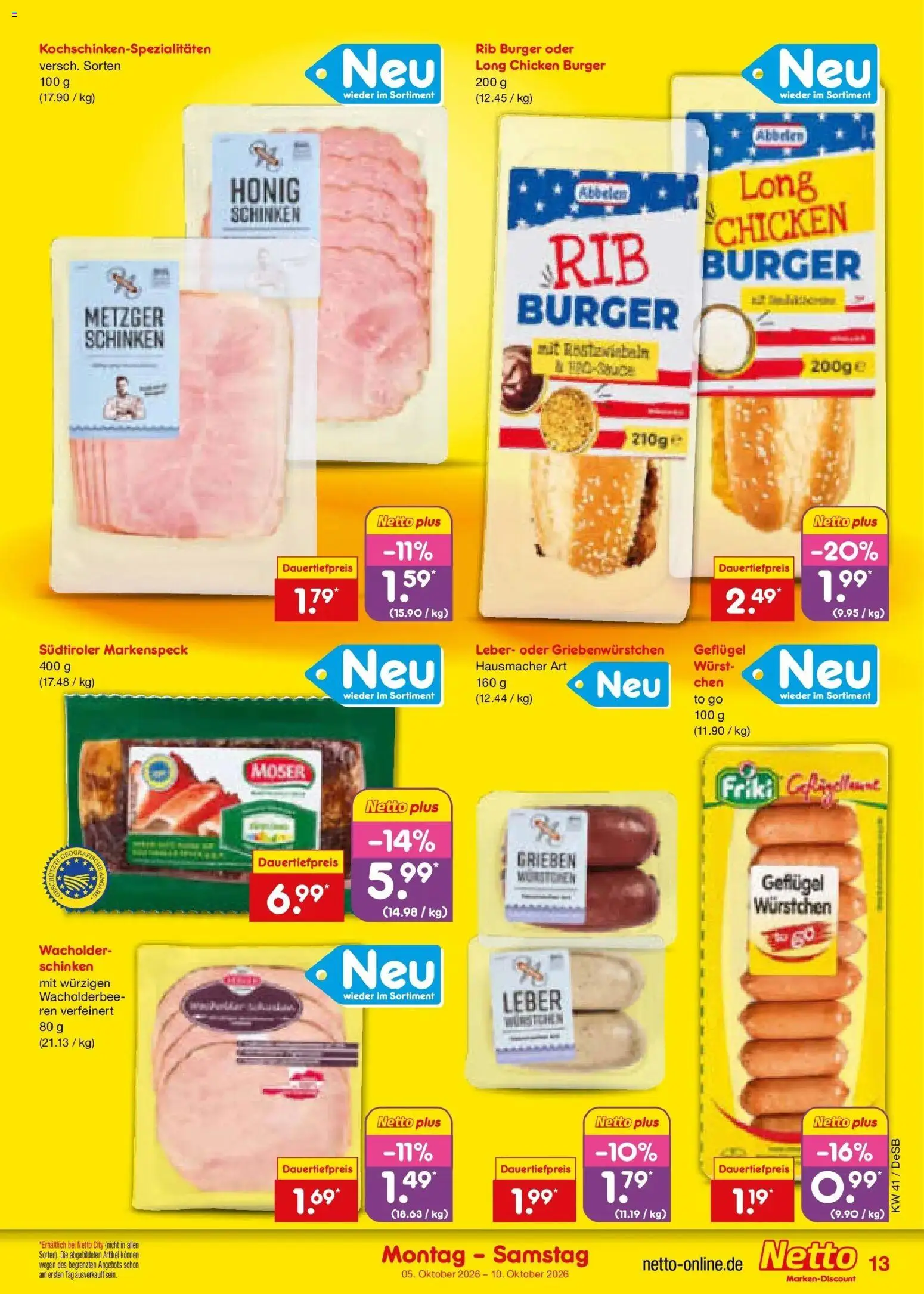 Netto Marken-Discount Prospekt Stuttgart (ab 05.10.2026) » Angebote | Seite: 13 | Produkte: Burger, Wurst, Schinken