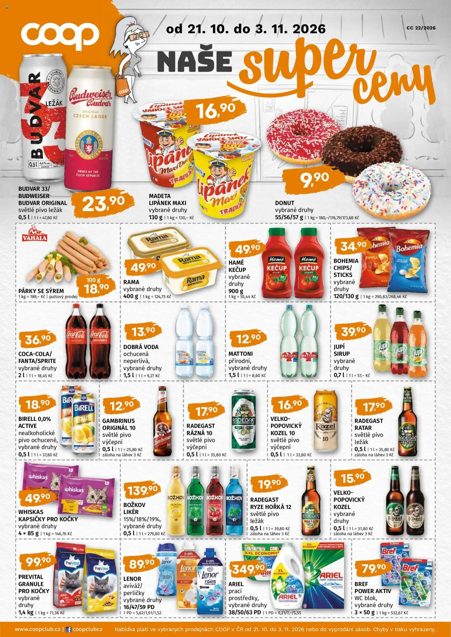 Trefa leták - COOP naše super ceny od 21.10.2026 | Strana: 1 | Produkty: Dobrá voda, Pivo Kozel, Rama, Coca cola