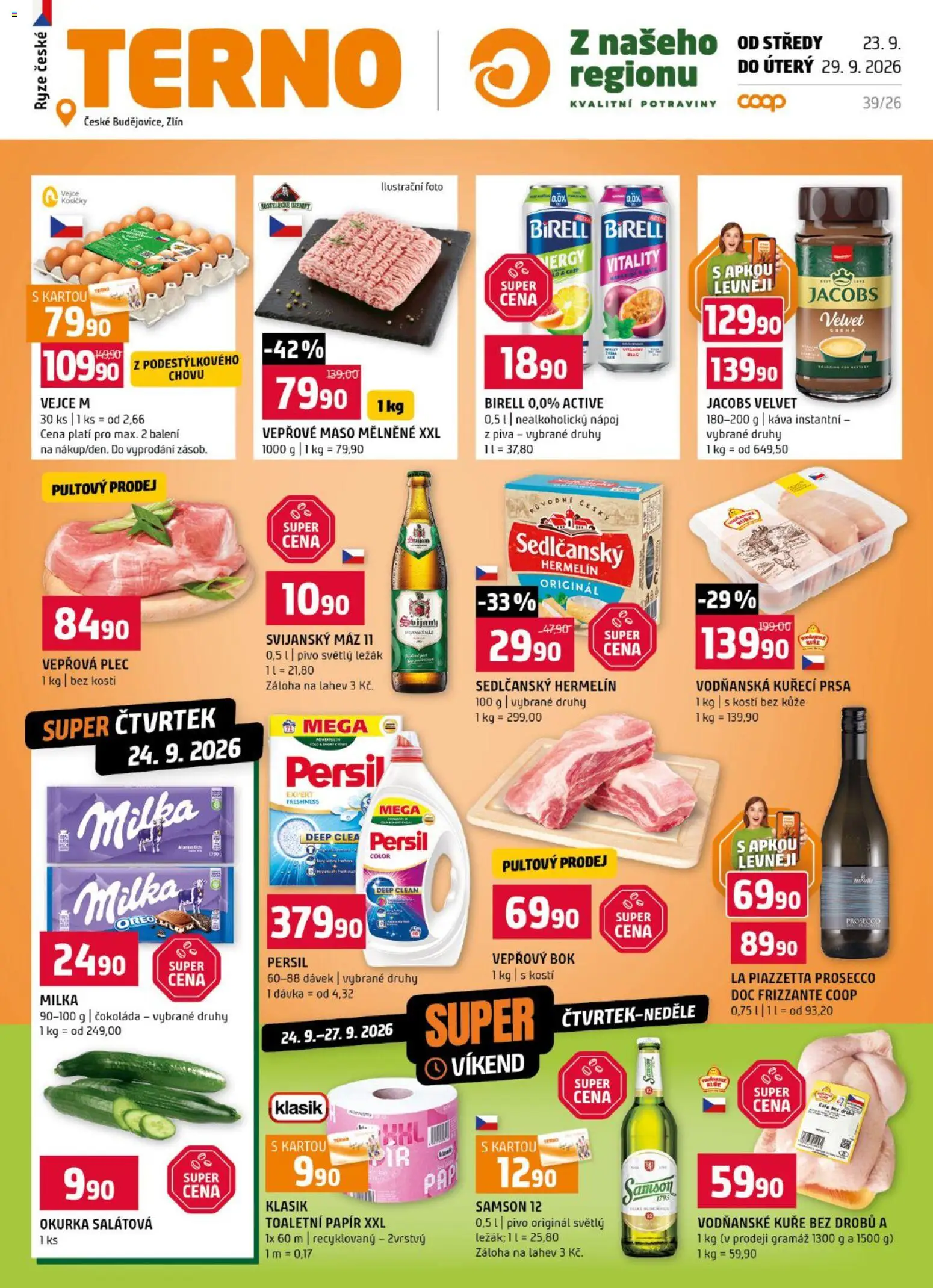 Terno leták od 23.09.2026 | Strana: 1 | Produkty: Kuřecí prsa, Milka, Rýže, Potraviny
