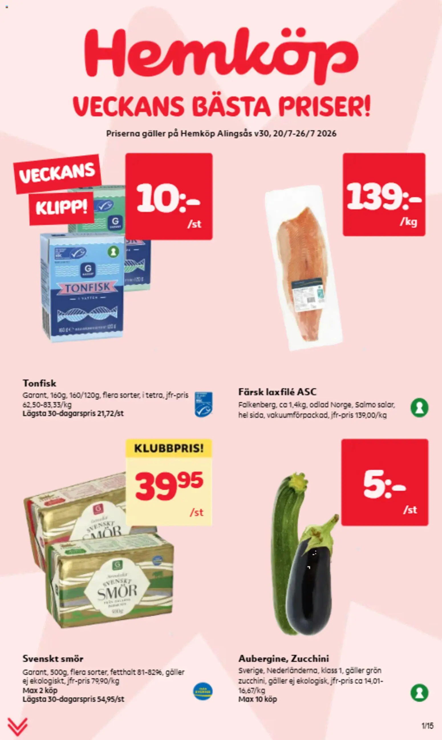 Hemköp reklamblad aktuell från 20/07/2026 | Sida: 1 | Produkter: Galler, Smör, Tonfisk, Zucchini