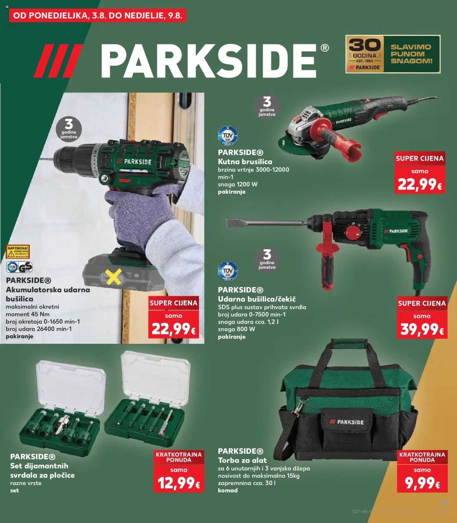 Kaufland katalog | vrijedi od 29.07.2026 | Stranica: 27 | Proizvodi: Kutna brusilica, Bušilica, Torba, Parkside
