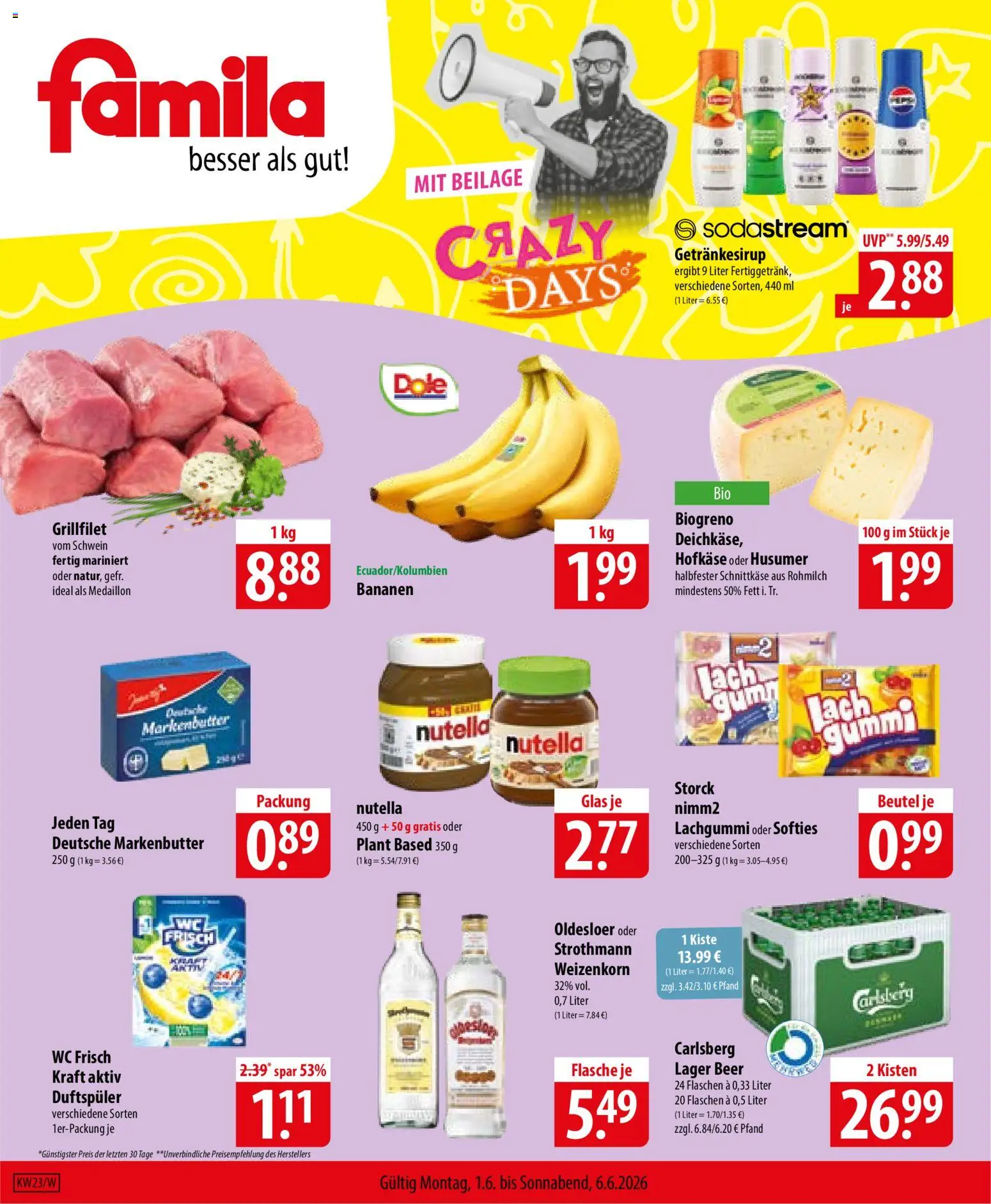 Famila Prospekt – gültig ab 01.06.2026 | Seite: 1 | Produkte: Bananen, Oldesloer, Nutella, Sodastream