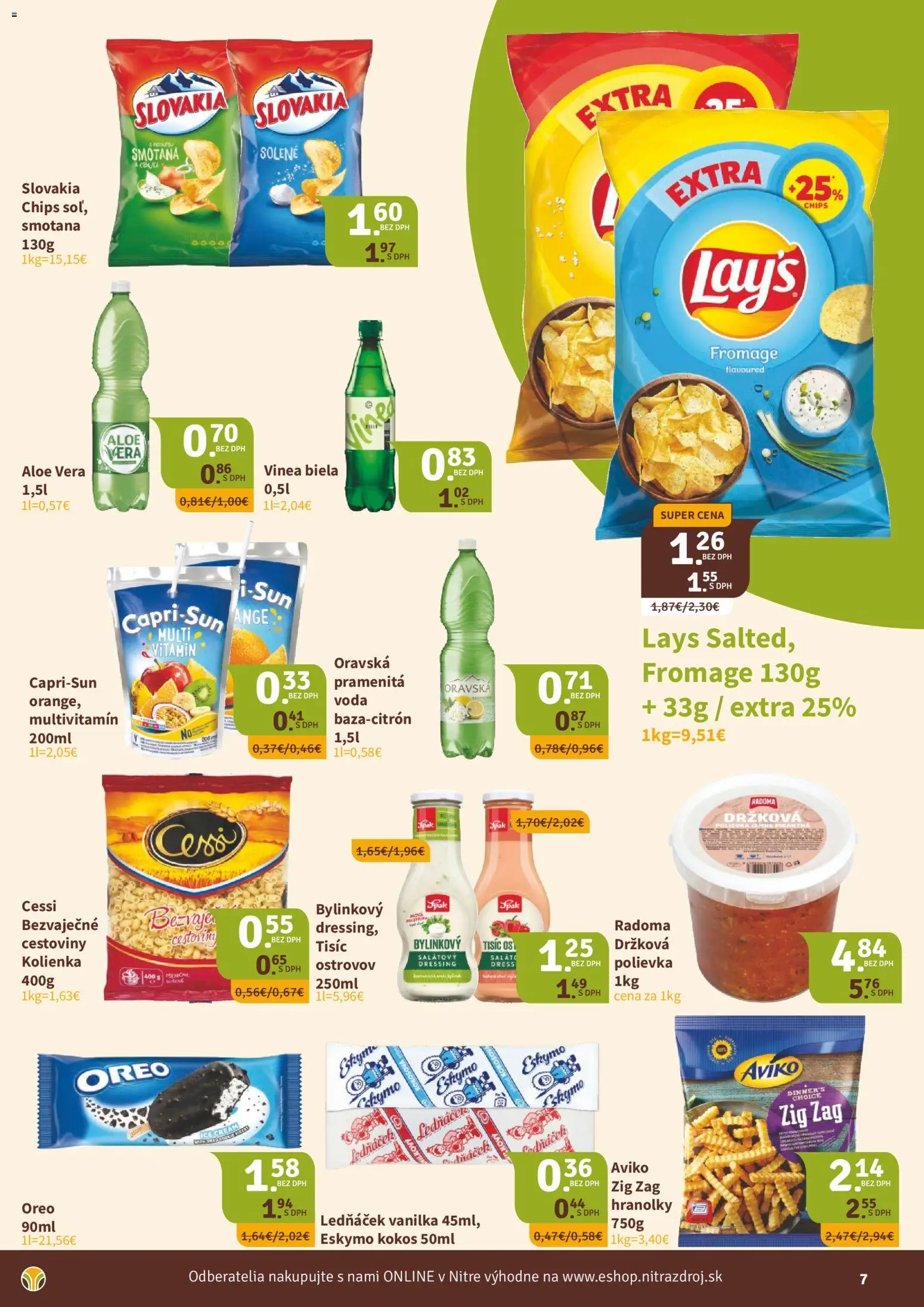 Nové Nitrazdroj akcie – leták je platný od 17.07.2026 | Strana: 7 | Produkty: Multivitamín, Oreo, Voda, Dressing