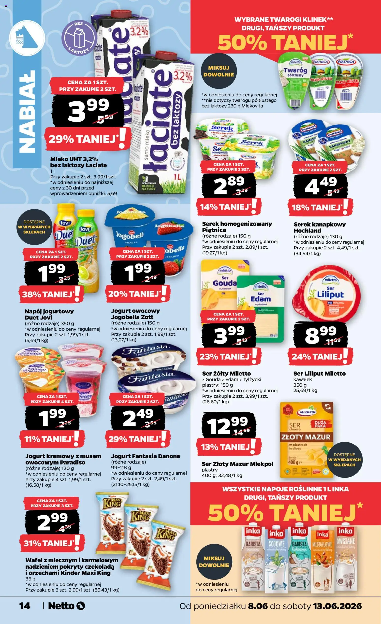 Netto gazetka od poniedziałku spożywcza od 08.06.2026 | Strona: 14 | Produkty: Napoje, Mleko, Jogurt, Czekolada