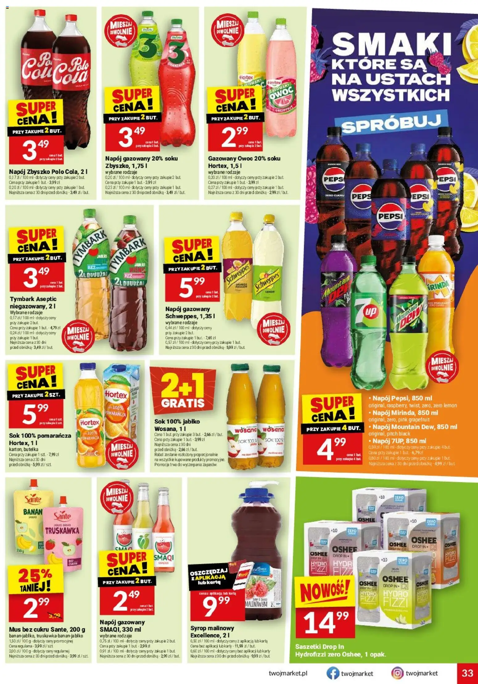 Twój Market gazetka od 19.08.2026 | Strona: 33 | Produkty: Tymbark, Pepsi, Oshee, Saszetki