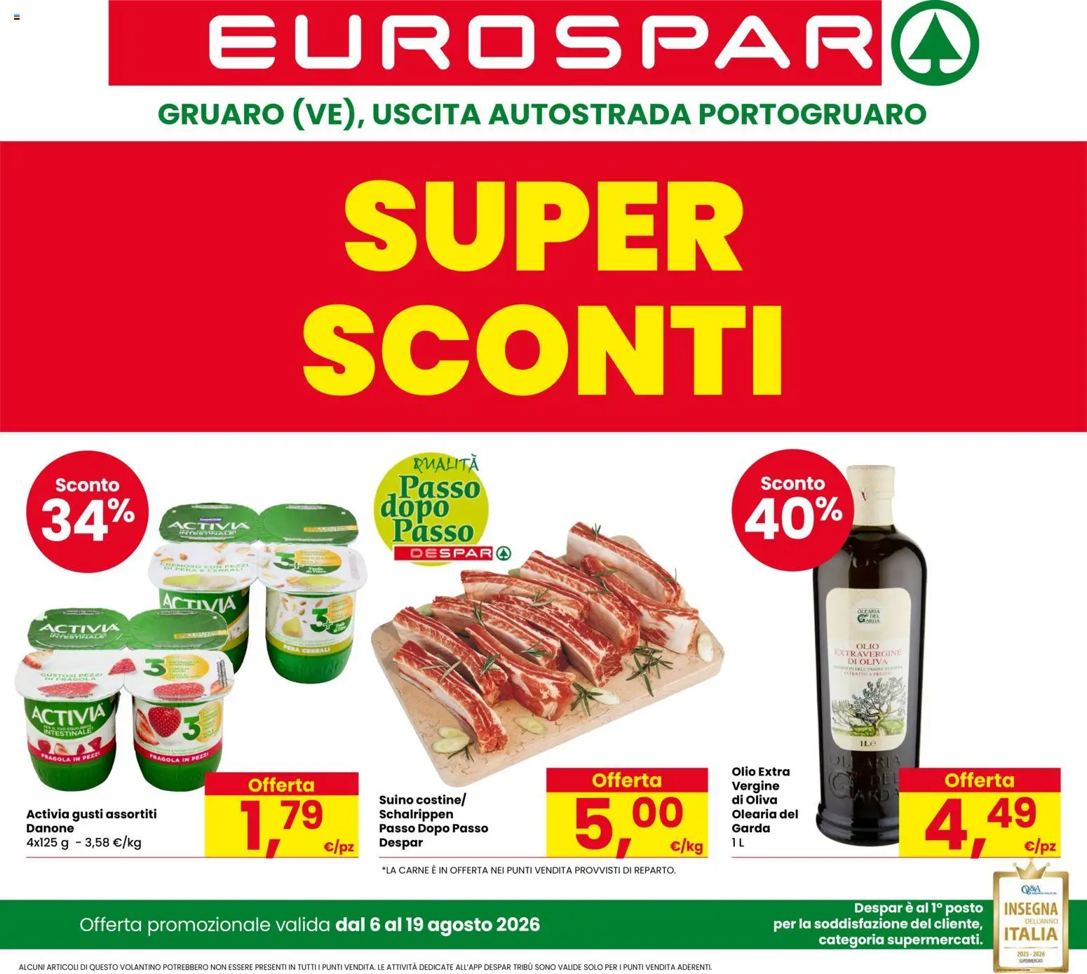 Volantino Eurospar del 06/08/2026 | Pagina: 1 | Prodotti: Cereali, Olio extravergine di oliva, Pera, Carne