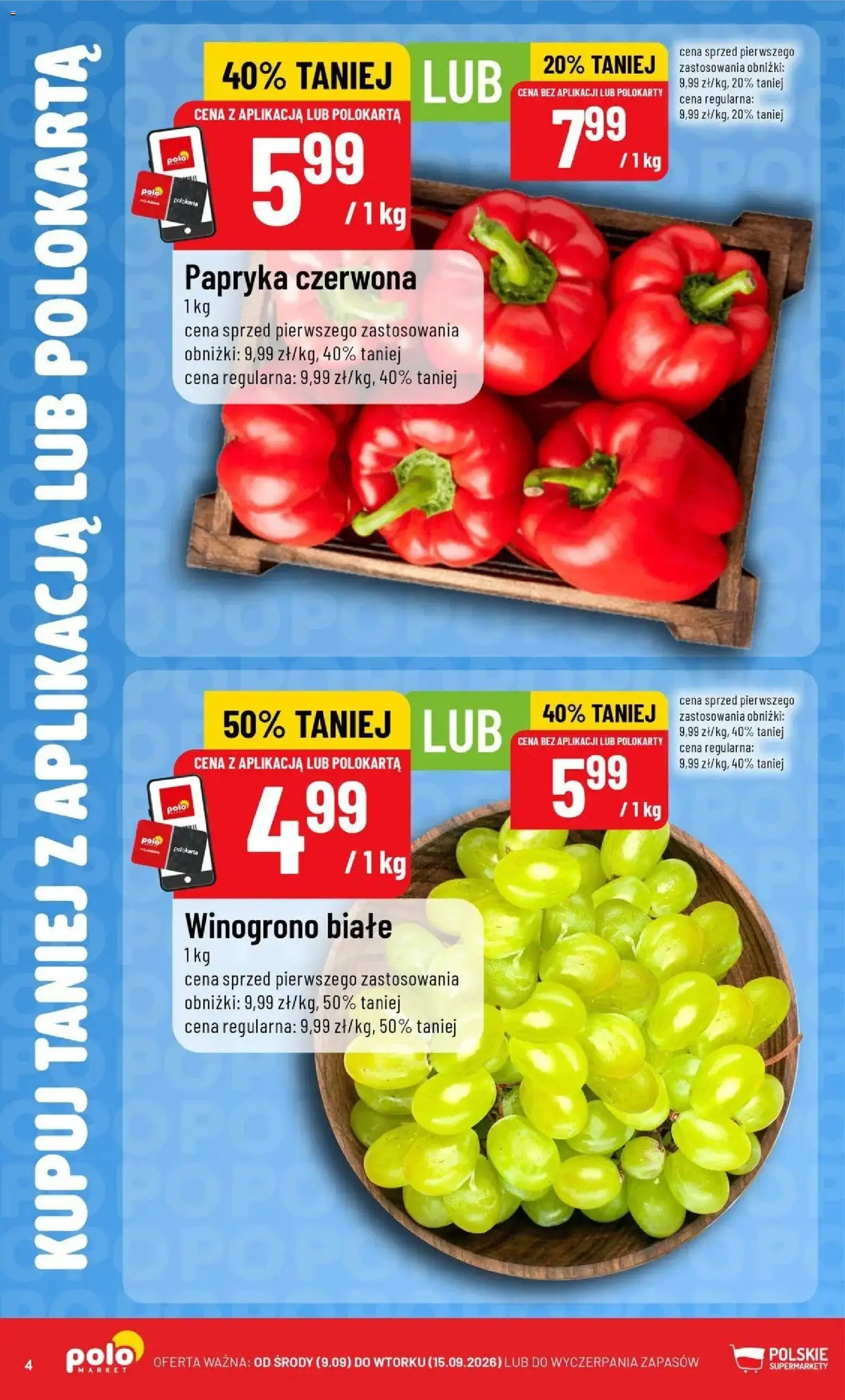 Nowa POLOmarket gazetka od jutra 09.09.2026 | Strona: 4 | Produkty: Winogrono, Papryka, Papryka czerwona