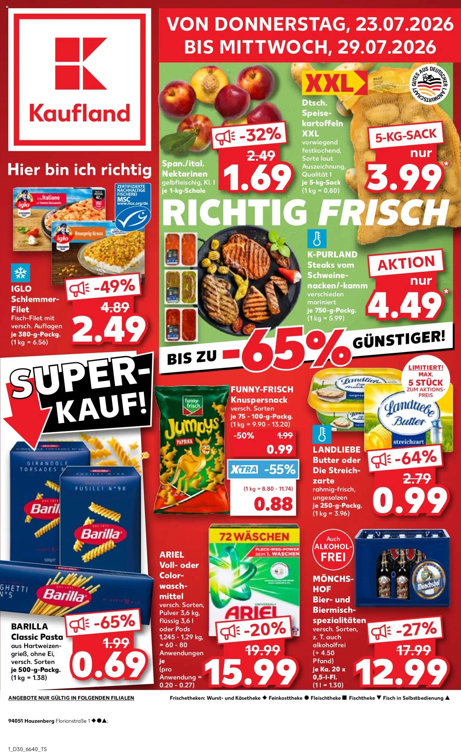 Kaufland Německo leták od 23.07.2026 | Strana: 1 | Produkty: Paprika, Ariel, Filet