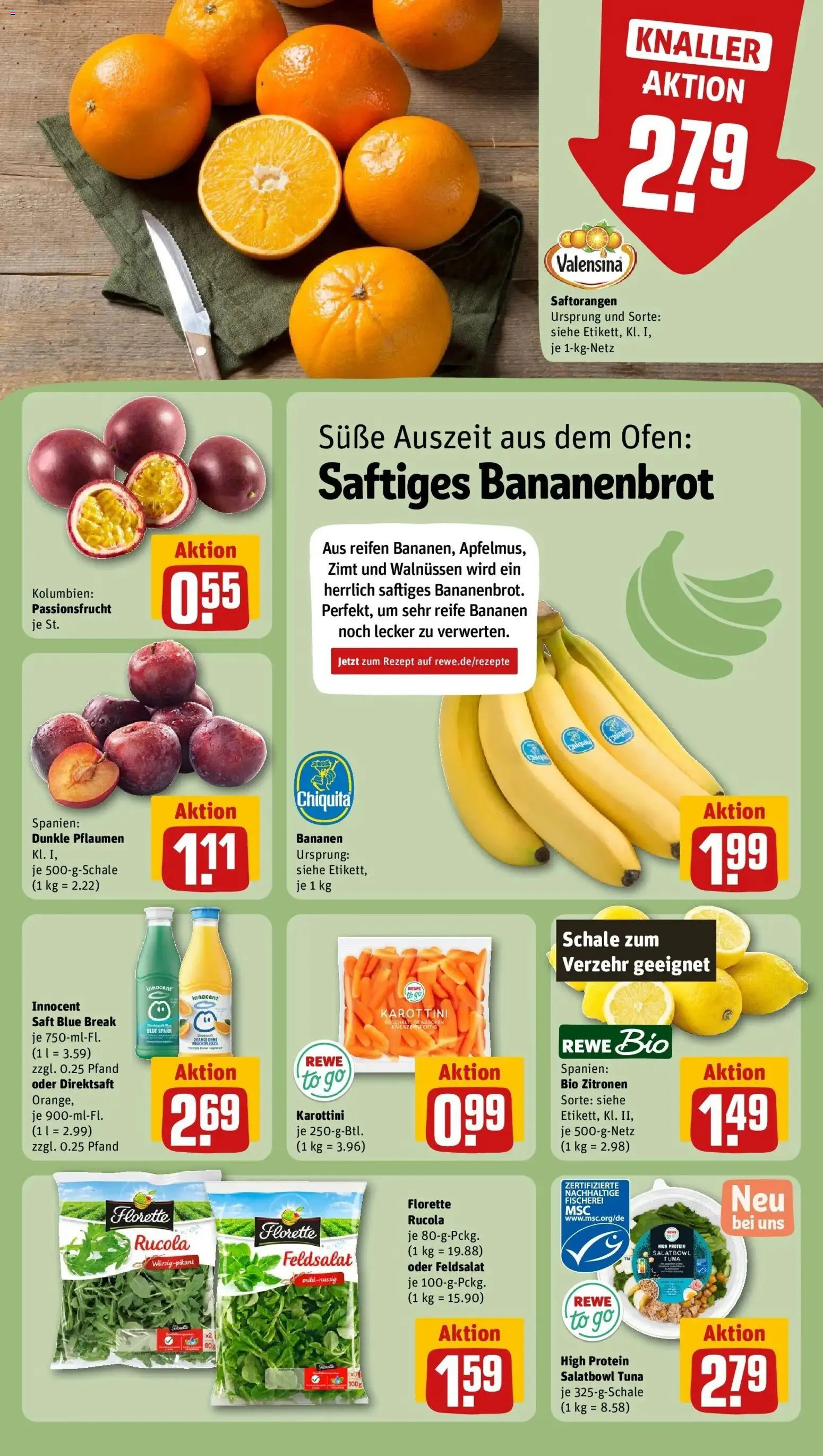REWE Prospekt ab 12.10.2026 zum Blättern » Angebote | Seite: 4 | Produkte: Pflaumen, Rucola, Bananen, Valensina