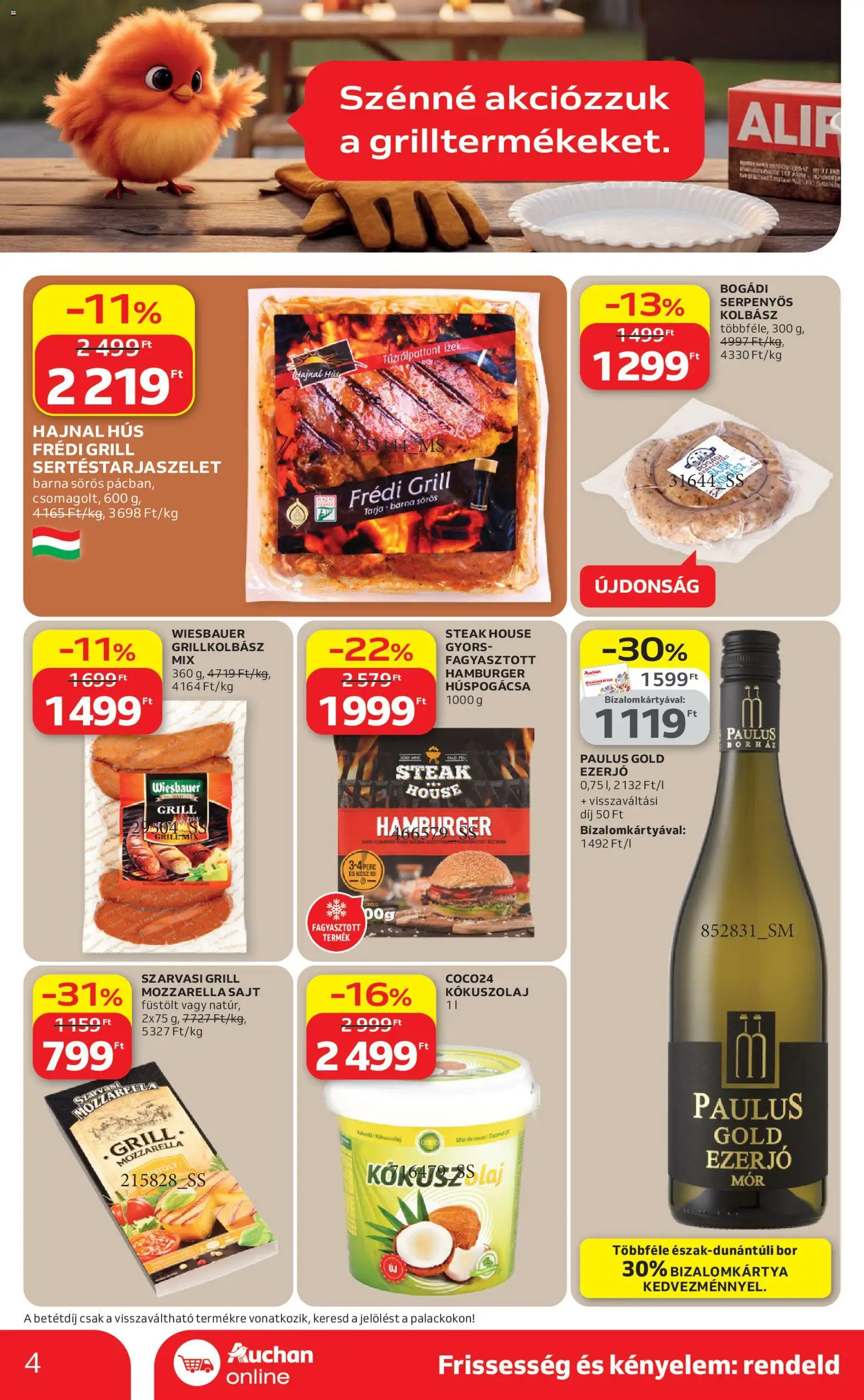 Auchan akciós ujság - amely érvényes a következő dátumtól: 16.04.2026 | Oldal: 4 | Termékek: Mozzarella, Grillkolbász, Tarja, Sajt
