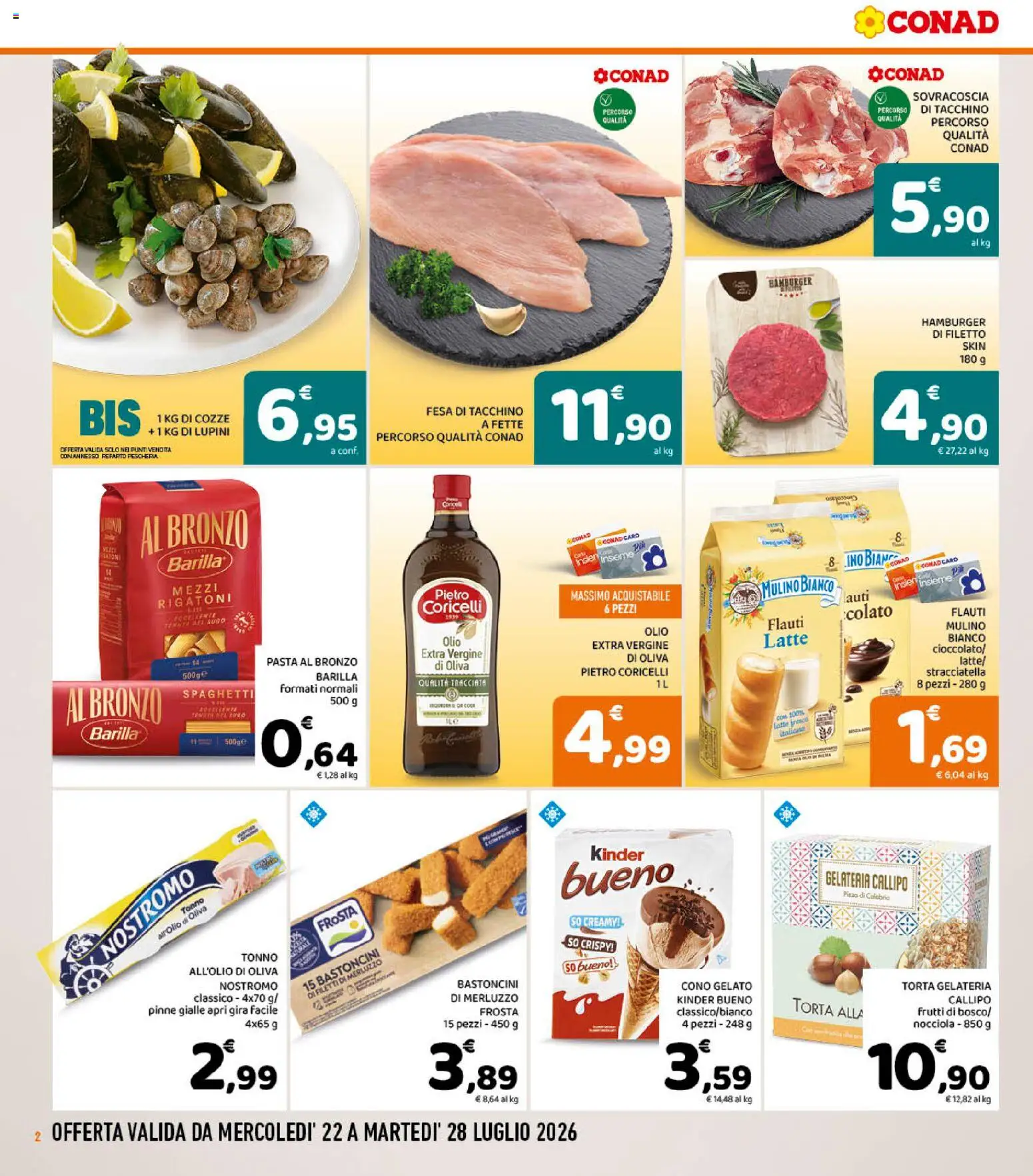 Volantino Conad del 22/07/2026 | Pagina: 2 | Prodotti: Merluzzo, Tonno, Hamburger, Stracciatella