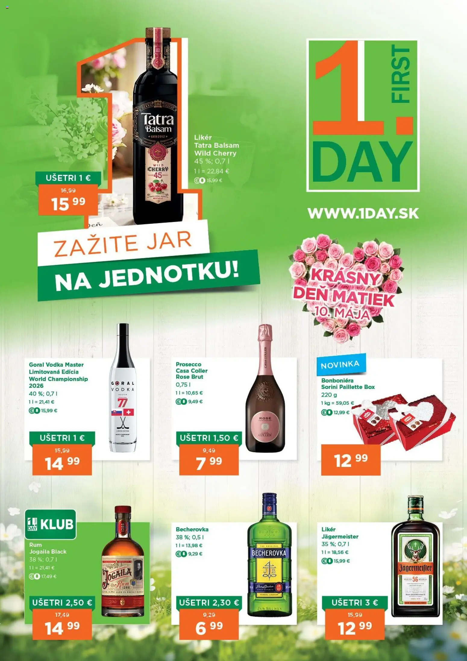 Nové 1day akcie – leták je platný od 07.05.2026 | Strana: 1 | Produkty: Becherovka, Prosecco, Vodka, Jar