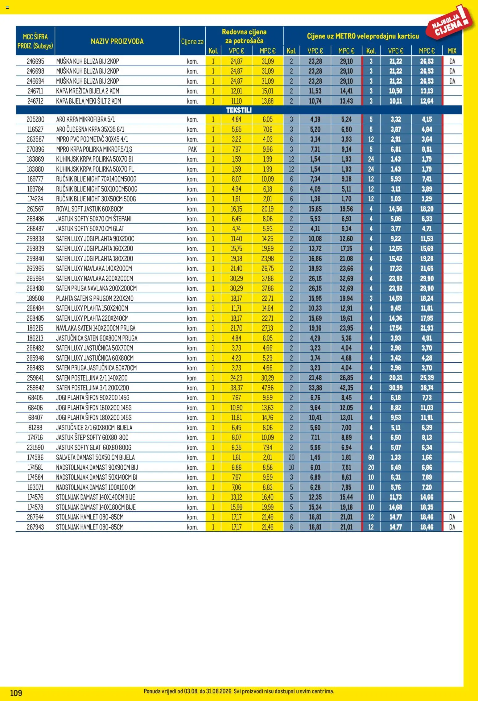 Metro katalog | vrijedi od 03.08.2026 | Stranica: 109 | Proizvodi: Krpa, Stolnjak, Posteljina, Kapa