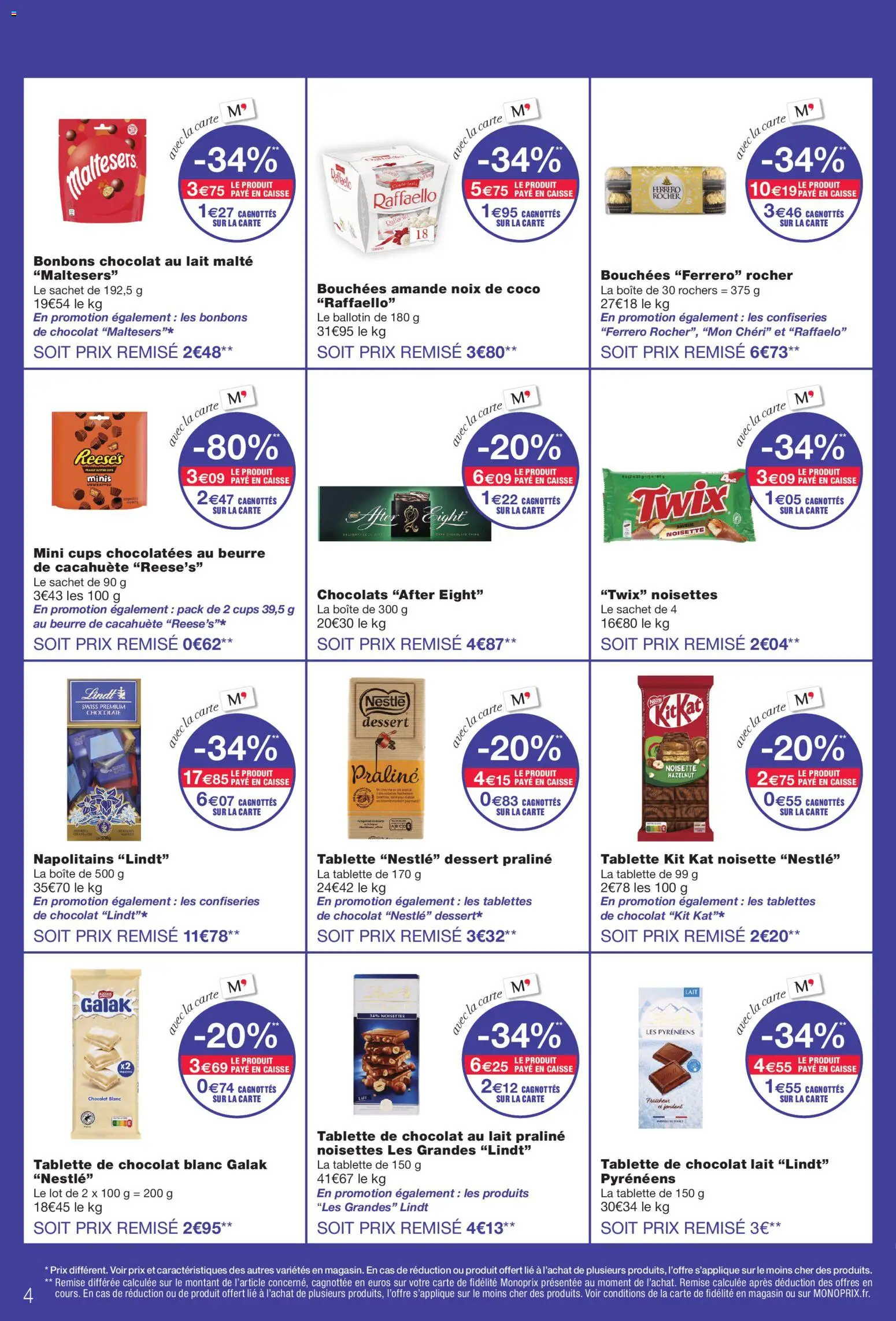 {H1} | Page: 4 | Produits: Tablettes de chocolat, Beurre de cacahuète, Lait, Mon Chéri
