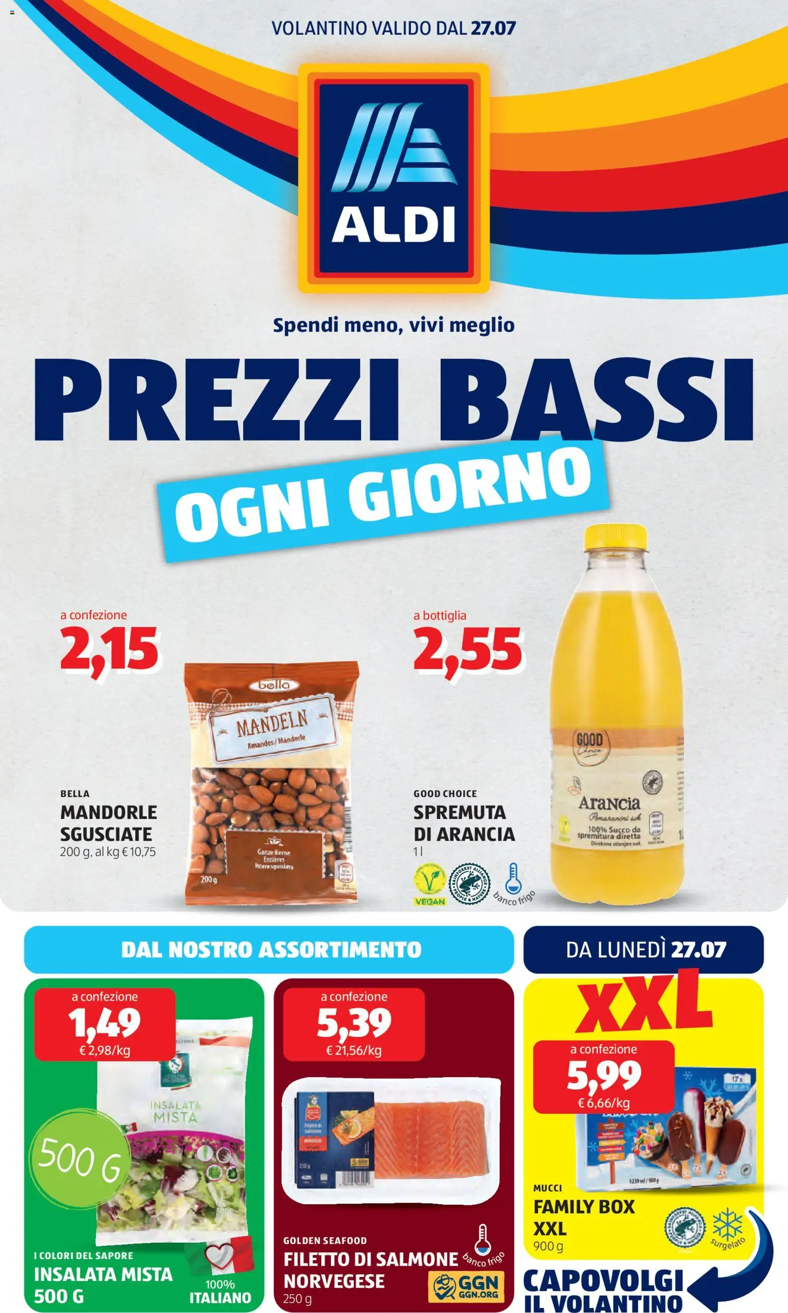 Volantino Aldi del 27/07/2026 | Pagina: 1 | Prodotti: Succo, Insalata, Arancia, Bottiglia