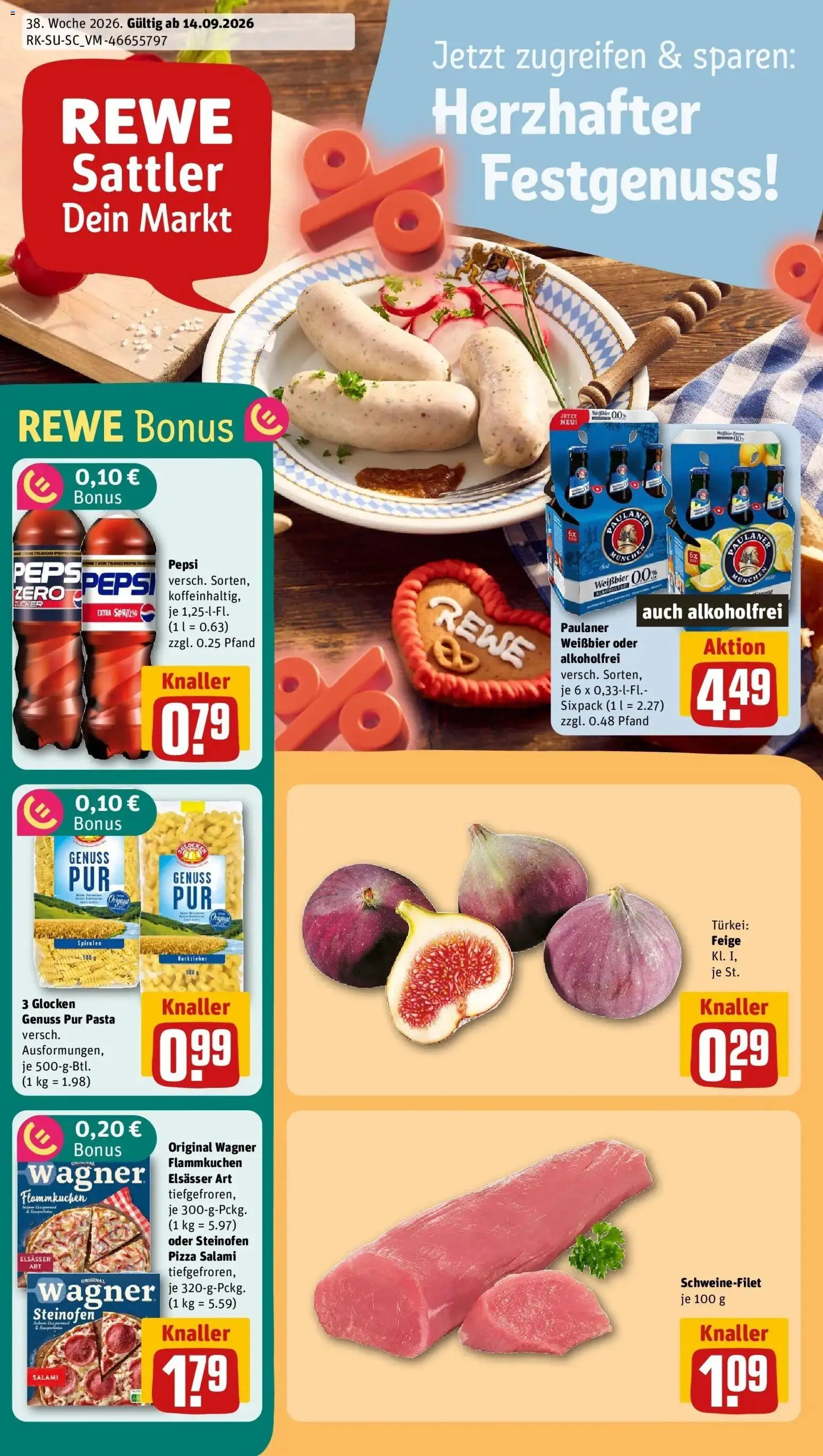 REWE Prospekt ab 14.09.2026 zum Blättern » Angebote | Seite: 1 | Produkte: Schweinefilet, Zucker, Salami, Pizza