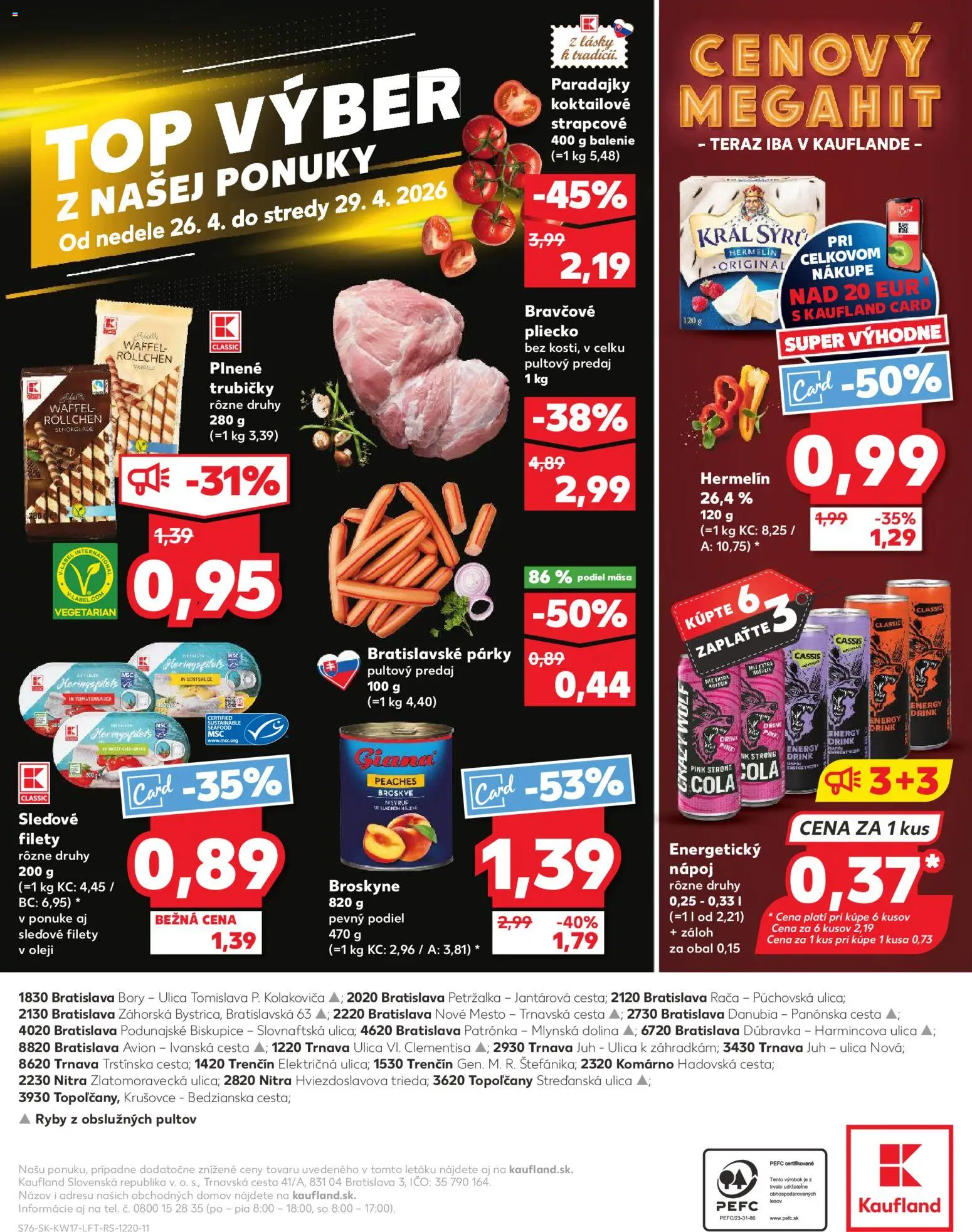 Nové Kaufland akcie – leták je platný od 23.04.2026 | Strana: 76 | Produkty: Ryby, Párky, Broskyne, Energetický nápoj