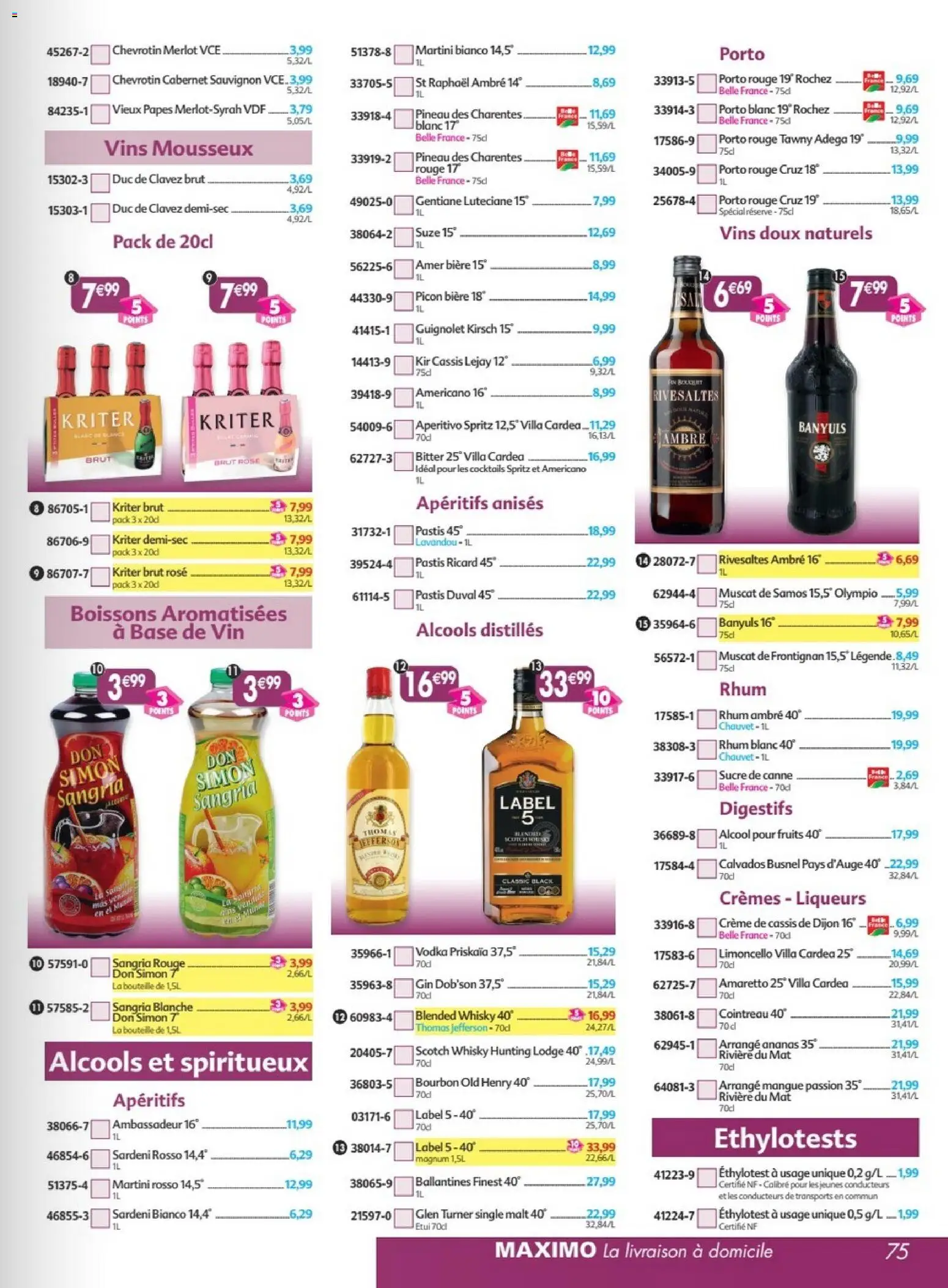 {H1} | Page: 75 | Produits: Amaretto, Rhum, Sangria, Crème