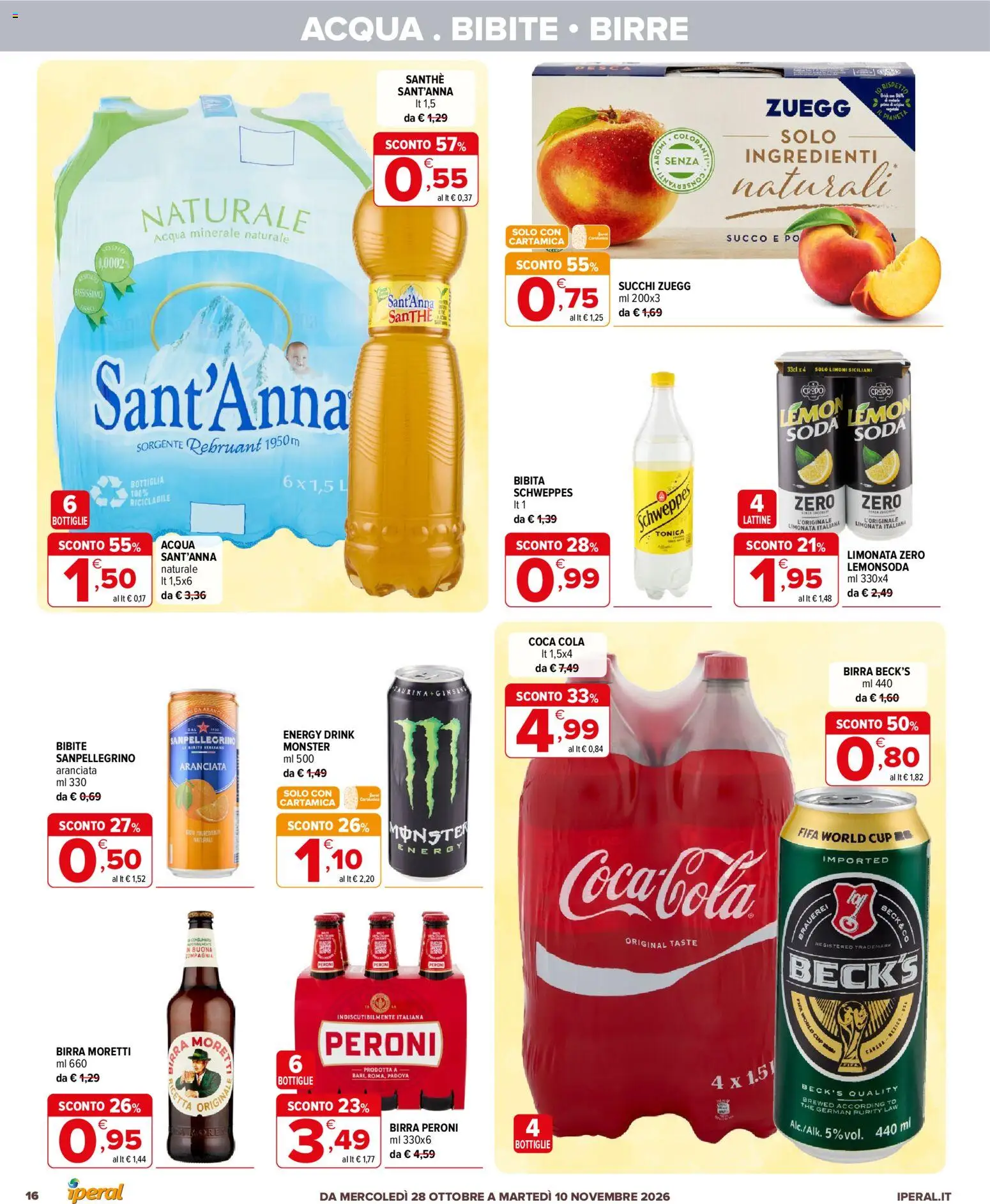 Volantino Iperal del 28/10/2026 | Pagina: 16 | Prodotti: Succo, Ingredienti, Birra Peroni, Coca Cola