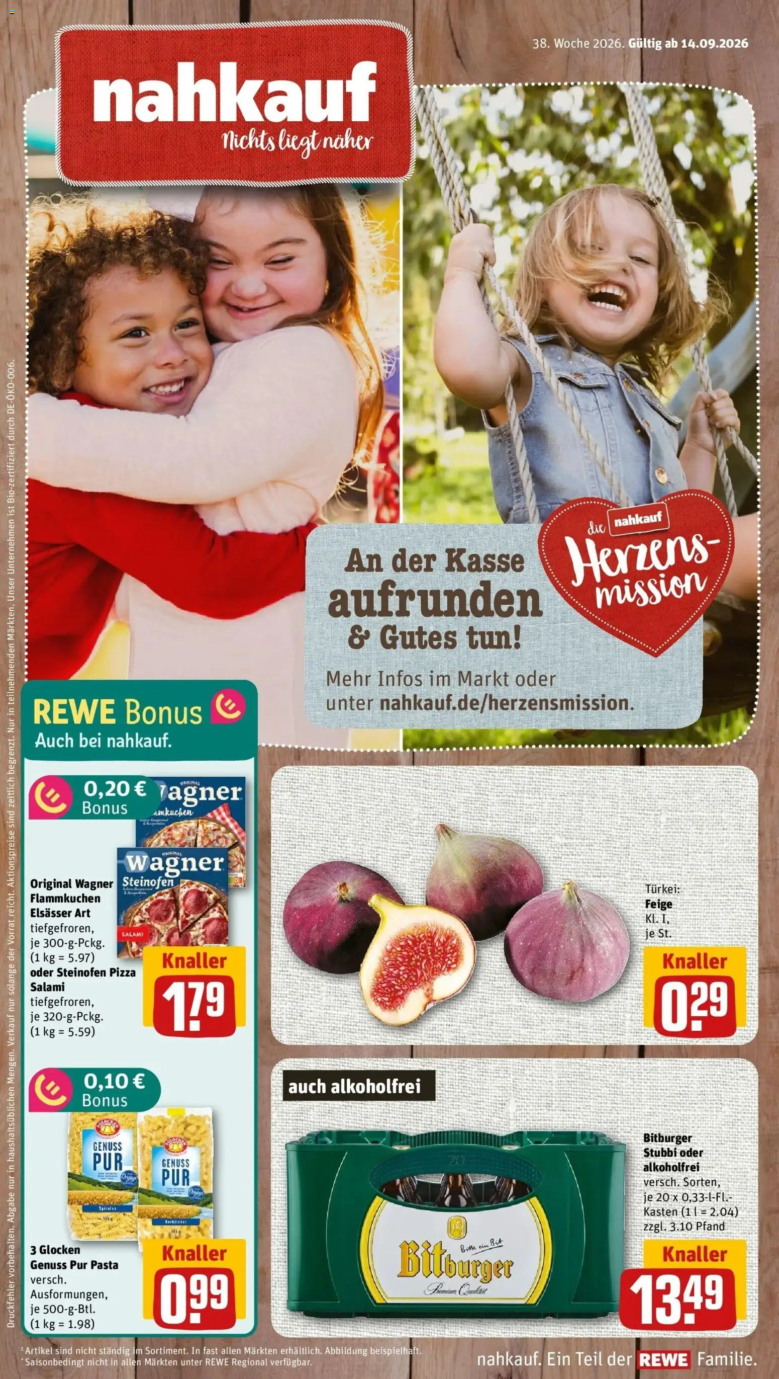 REWE Prospekt ab 14.09.2026 zum Blättern » Angebote | Seite: 1 | Produkte: Bitburger, Pasta, Salami, Pizza