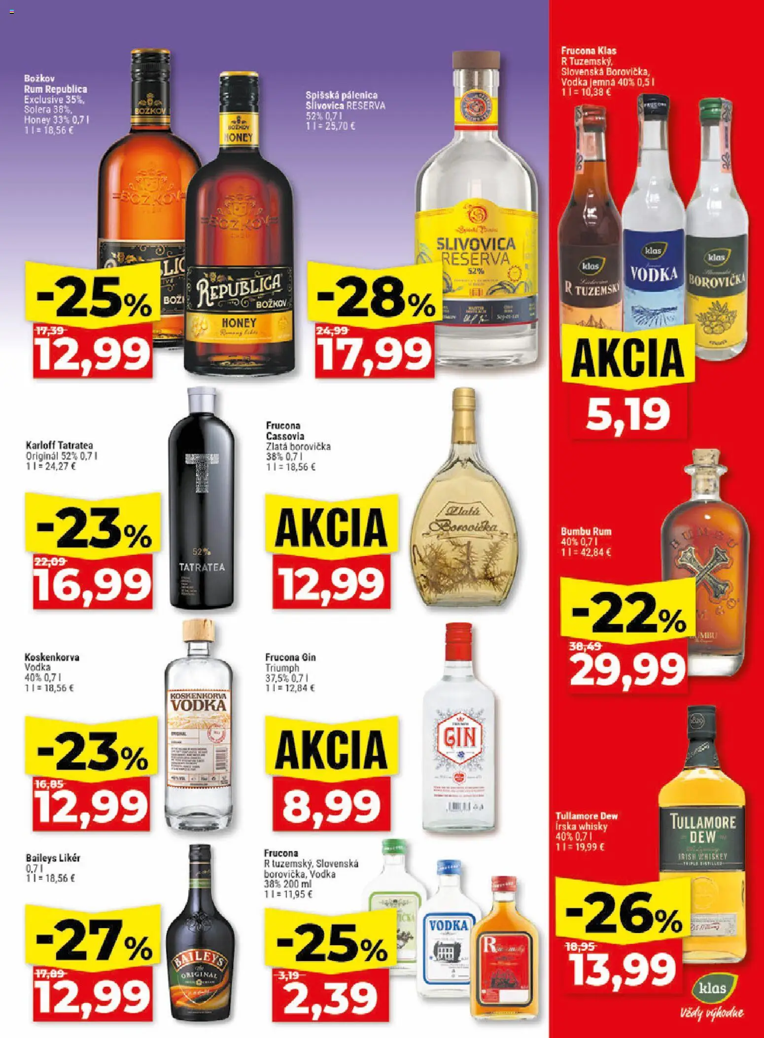 Nové Klas akcie – leták je platný od 27.07.2026 | Strana: 22 | Produkty: Borovička, Gin, Vodka, Whisky