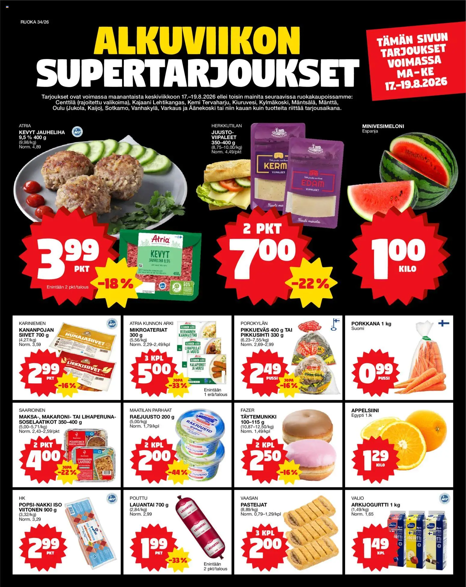 Tokmanni - Ruokasanomat – voimassa 17/08/2026 alkaen | Sivu: 1 | Tuotteet: Jauheliha, Kalapuikot, Laatikko, Juusto