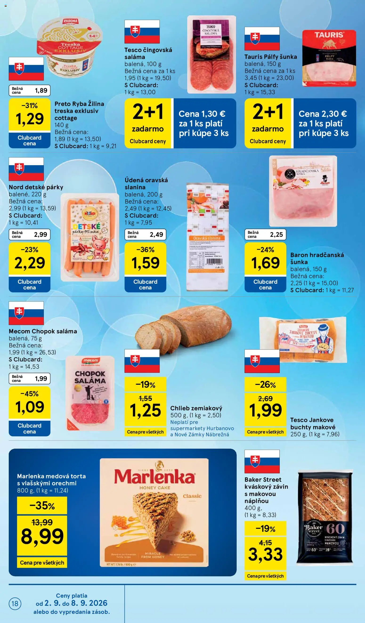 Nové Tesco akcie – leták je platný od 02.09.2026 | Strana: 18 | Produkty: Torta, Cottage cheese, Marlenka, Párky