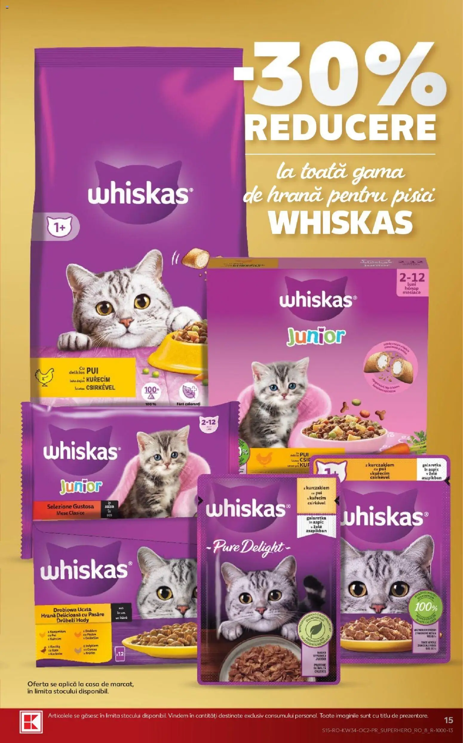 Noul catalog Kaufland – valabil de la 19.08.2026 | Pagină: 15 | Produse: Whiskas, Aplică, Hrană pentru pisici, Pui