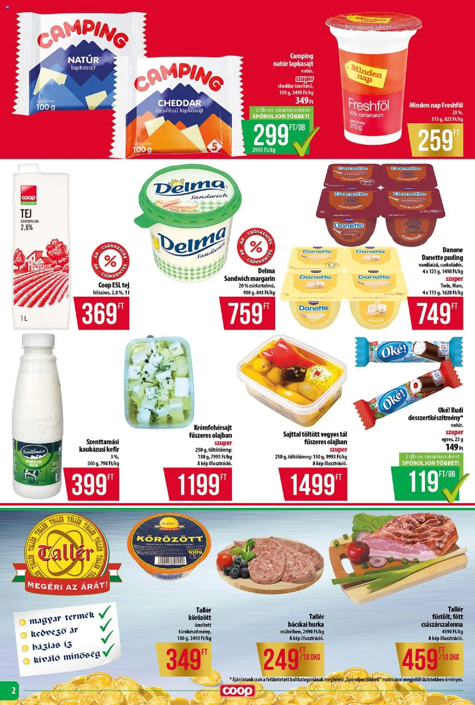 COOP akciós ujság - amely érvényes a következő dátumtól: 2026.08.13. | Oldal: 2 | Termékek: Körözött, Danone, Császárszalonna, Hurka