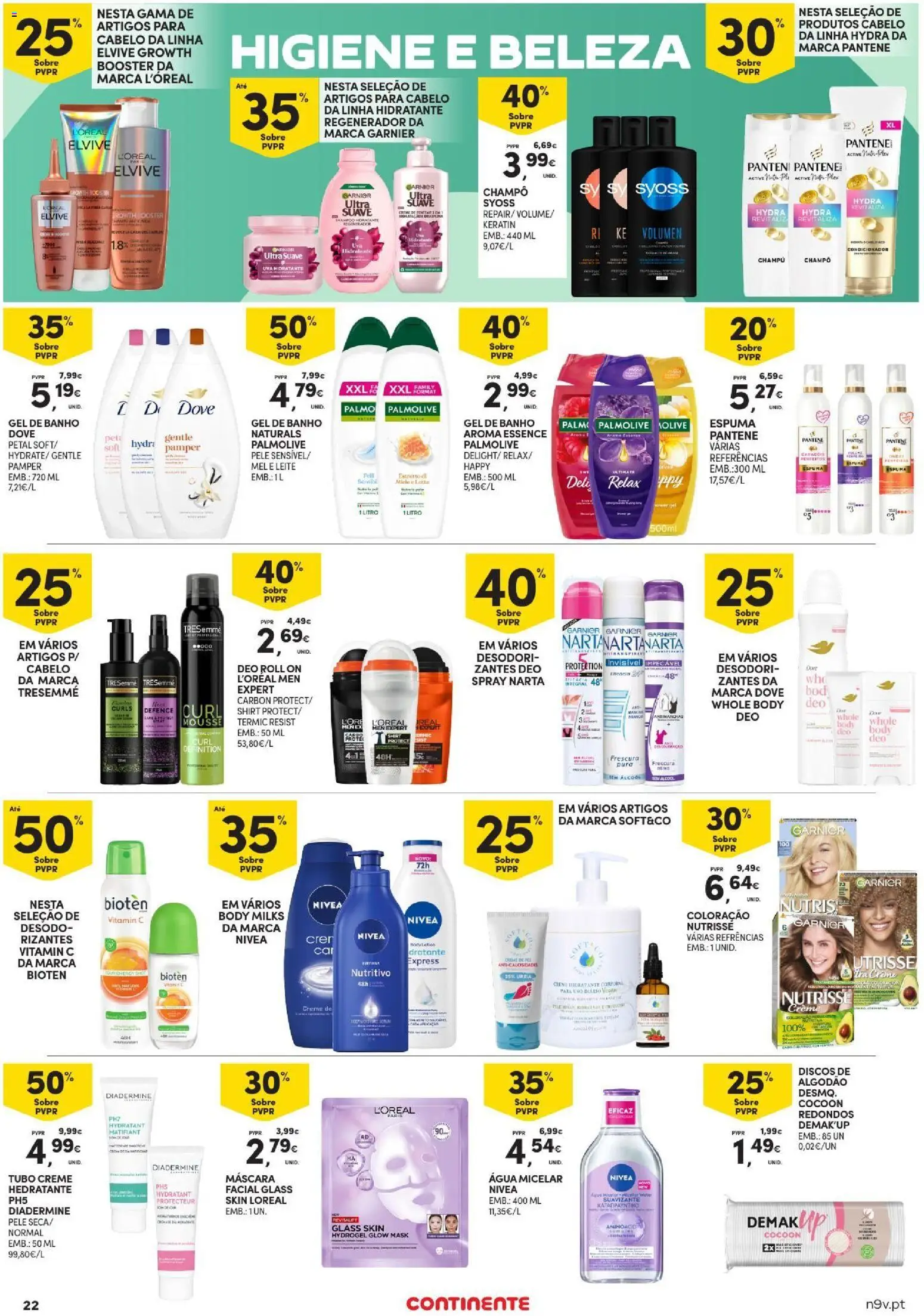 Continente Açores │ válido de 03/09/2026 | Página: 22 | Produtos: Creme hidratante, Água micelar, Gel de banho, Álcool