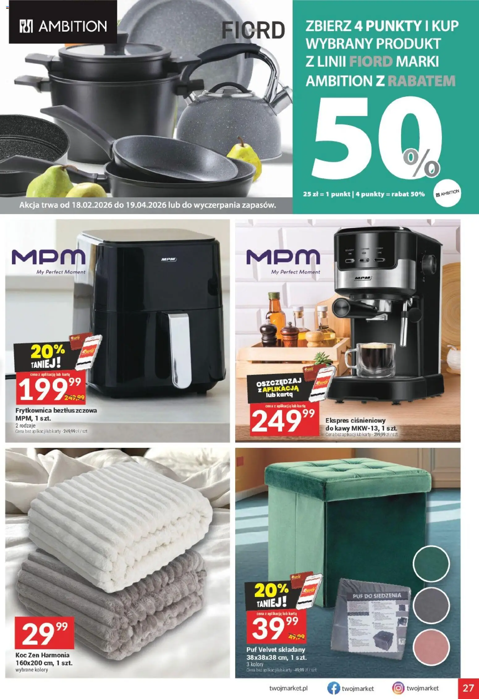 Twój Market Gazetka od 25.02.2026 | Strona: 27 | Produkty: Ekspres ciśnieniowy, Frytkownica, Koc, Frytkownica beztłuszczowa