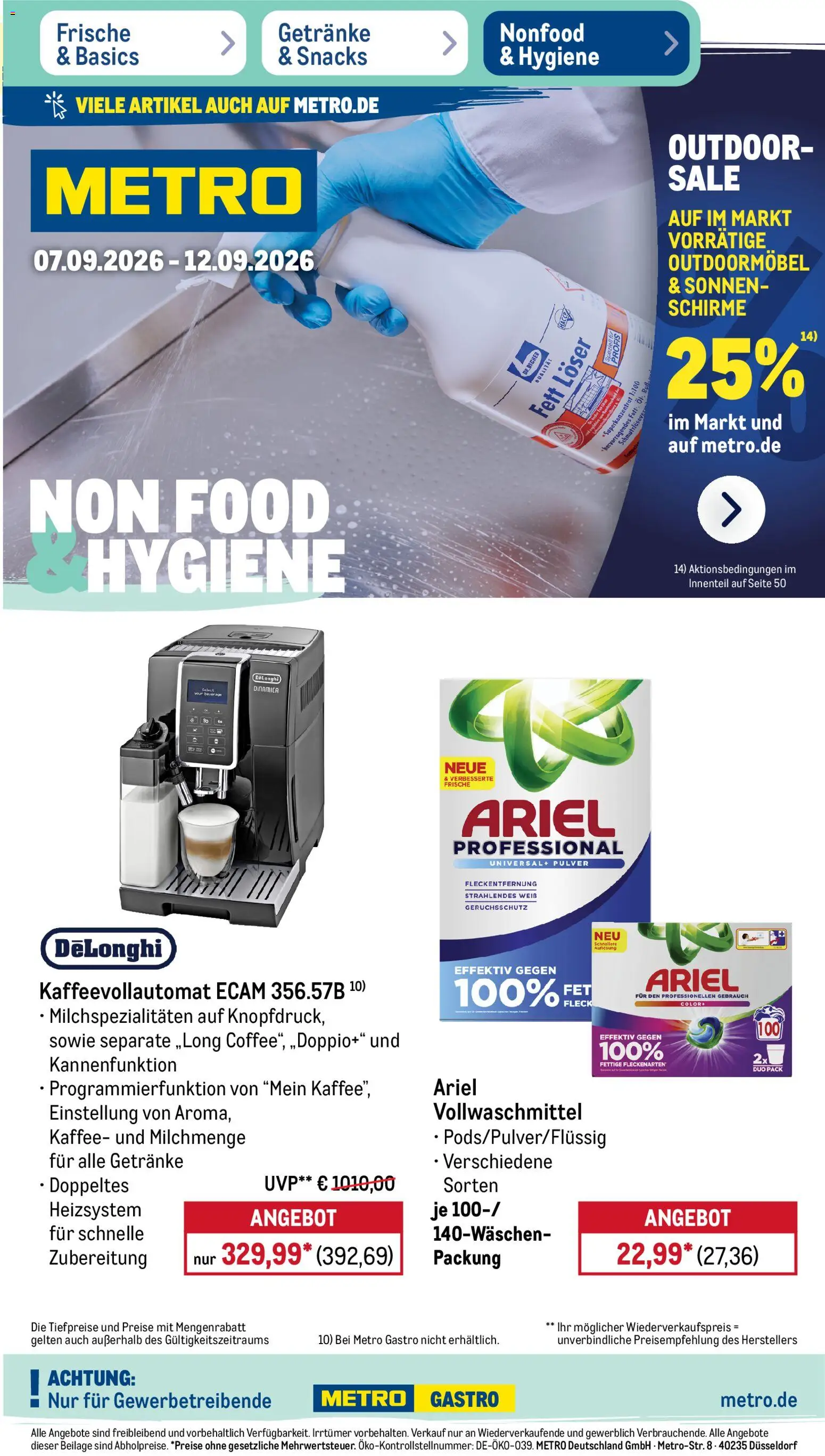 Metro NonFood-Angebote – gültig ab 07.09.2026 | Seite: 1 | Produkte: Ariel, Kaffee, Kaffeevollautomat