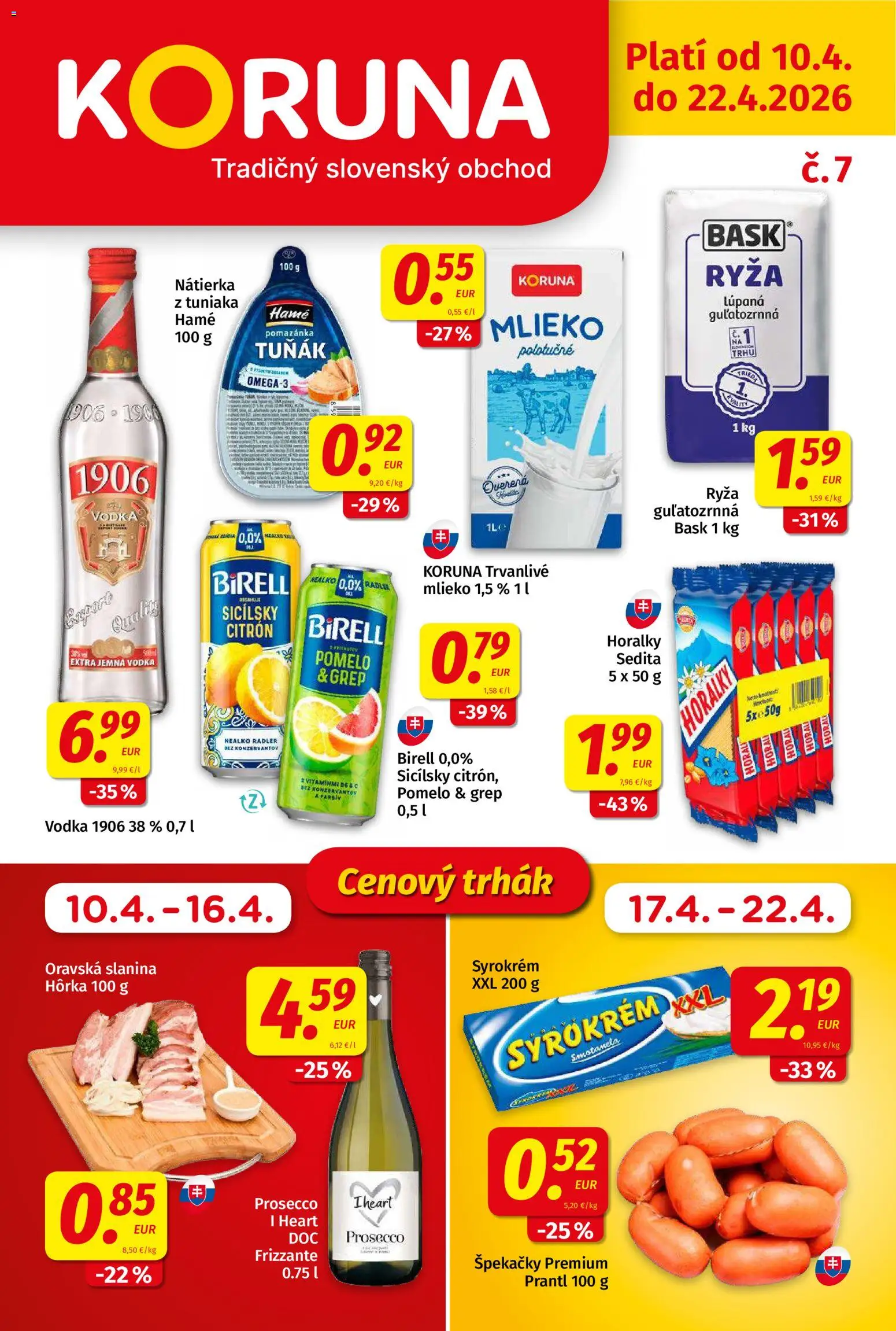 Nové Koruna akcie – leták je platný od 10.04.2026 | Strana: 1 | Produkty: Slanina, Prosecco, Vodka, Horálky