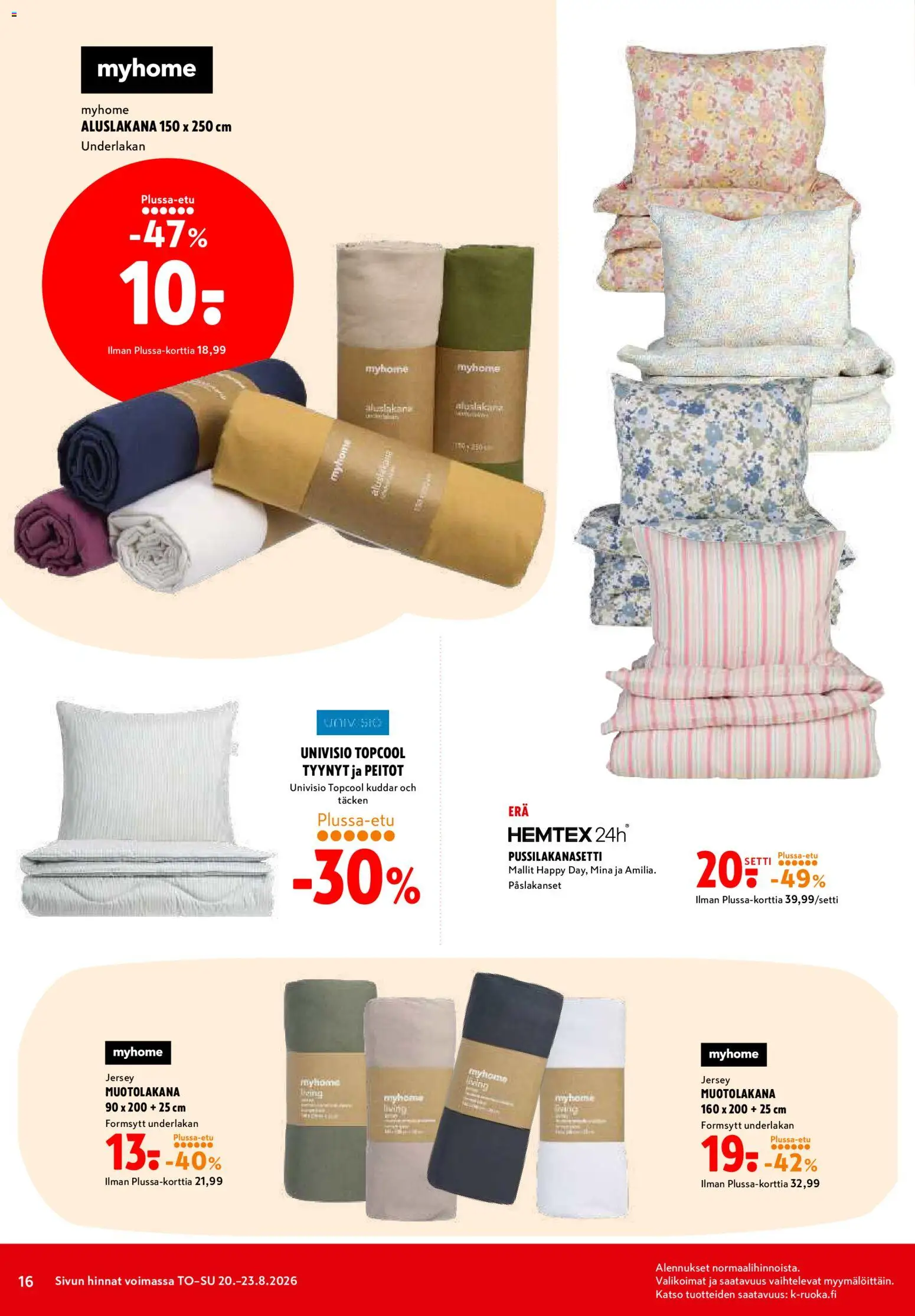 K-Citymarket tarjoukset – voimassa 20/08/2026 alkaen | Sivu: 16 | Tuotteet: Pussilakanasetti, Tyynyt, Aluslakana