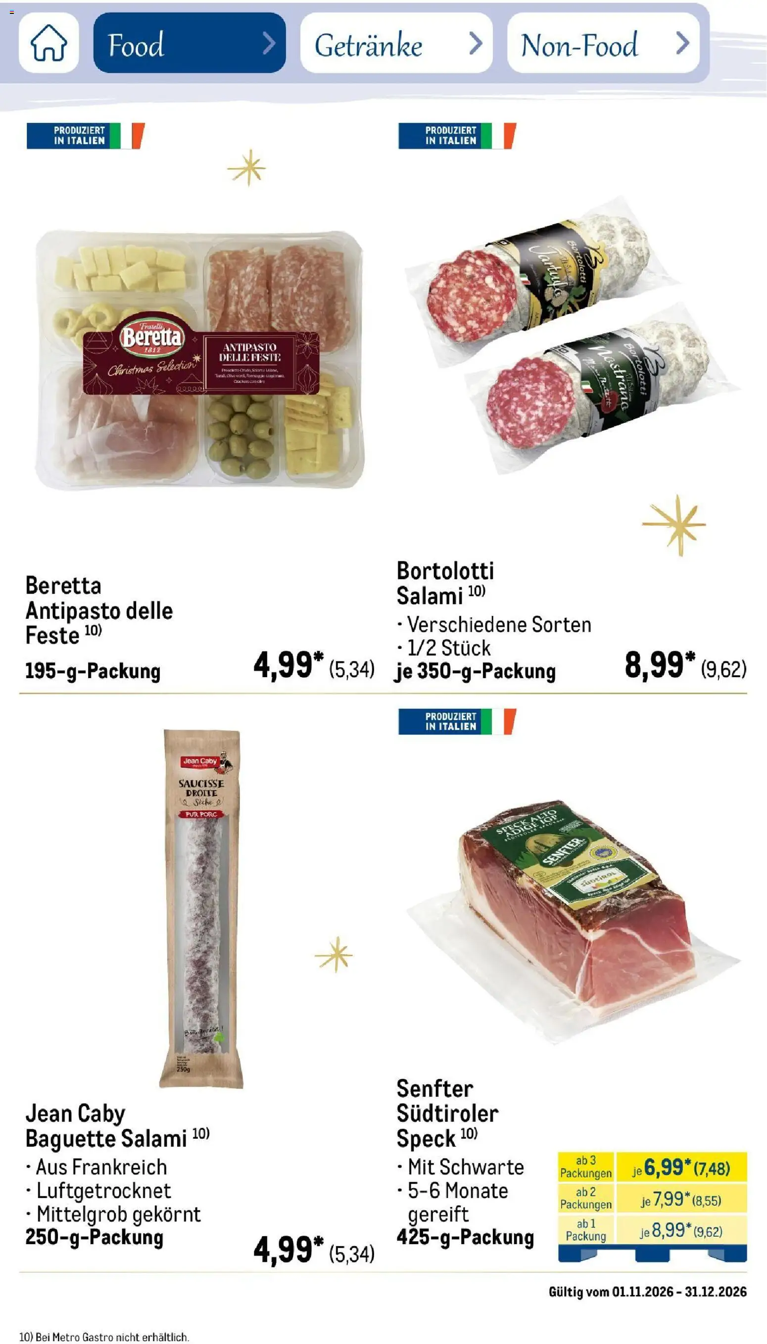 Metro Saisonkatalog Festtage voller Genuss – gültig ab 01.11.2026 | Seite: 50 | Produkte: Baguette, Salami