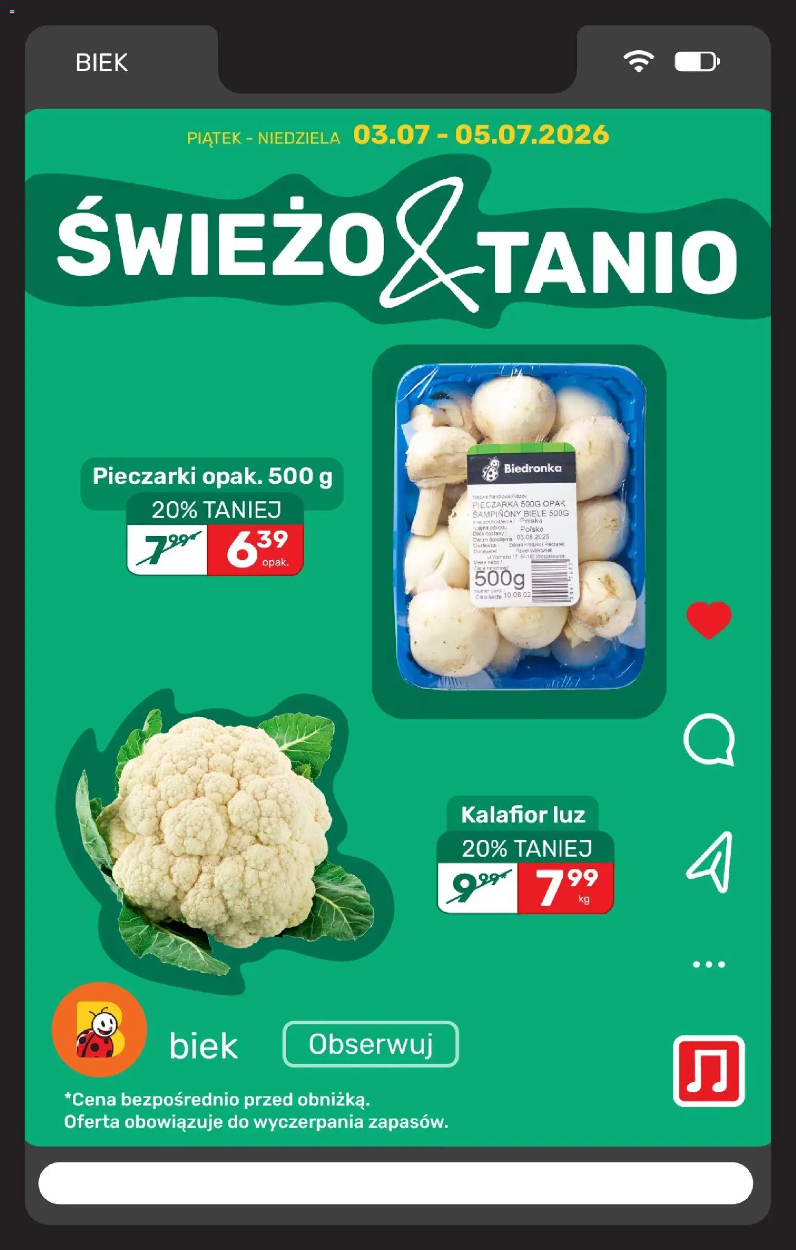 Biedronka gazetka - Biek od 03.07.2026 | Strona: 8 | Produkty: Kalafior, Pieczarki