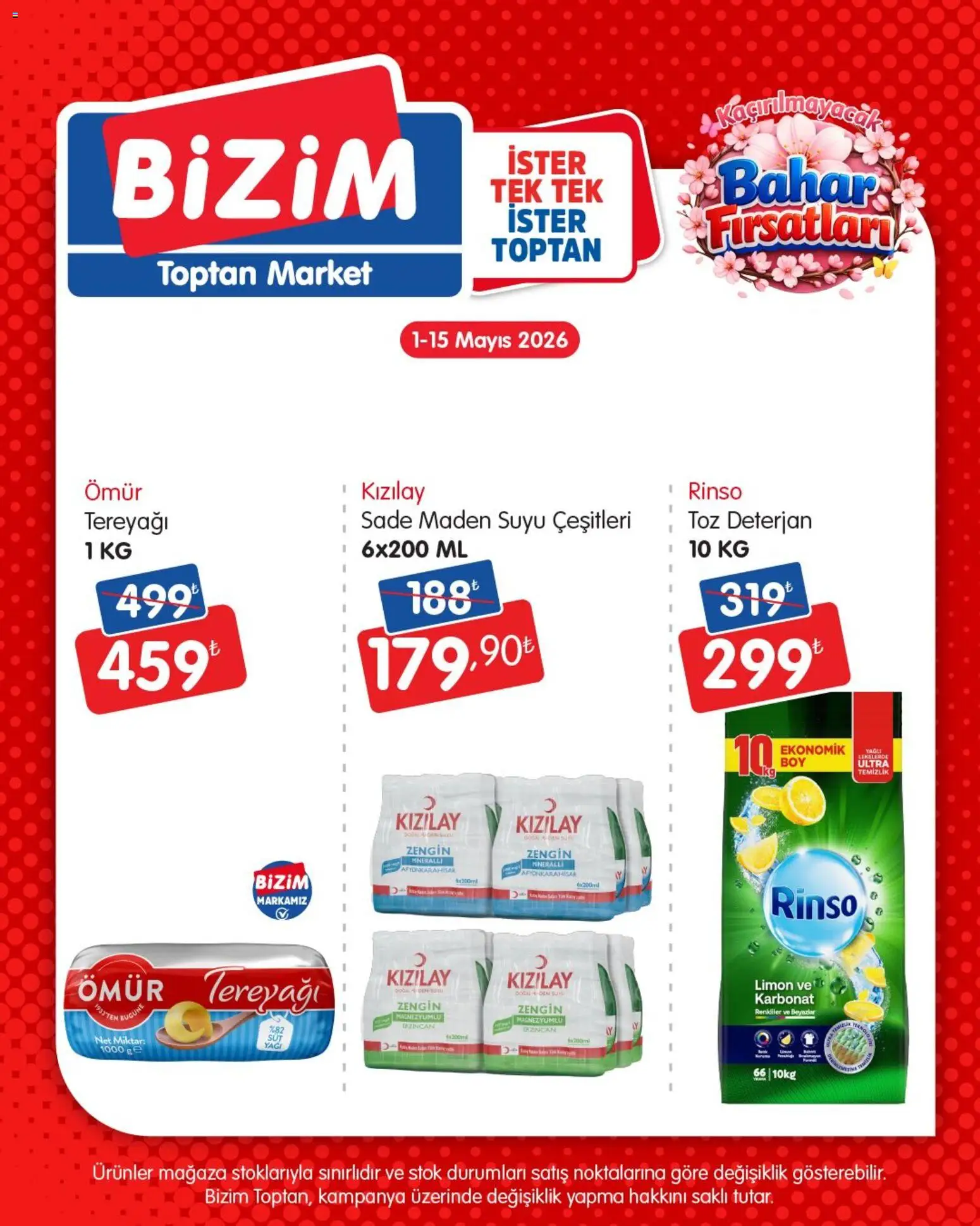 Bizim Toptan - Bahar Fırsatları - 01.05.2026 tarihinden itibaren geçerlidir | Sayfa: 1 | Ürünler: Tereyağı, Deterjan, Limon, Maden suyu