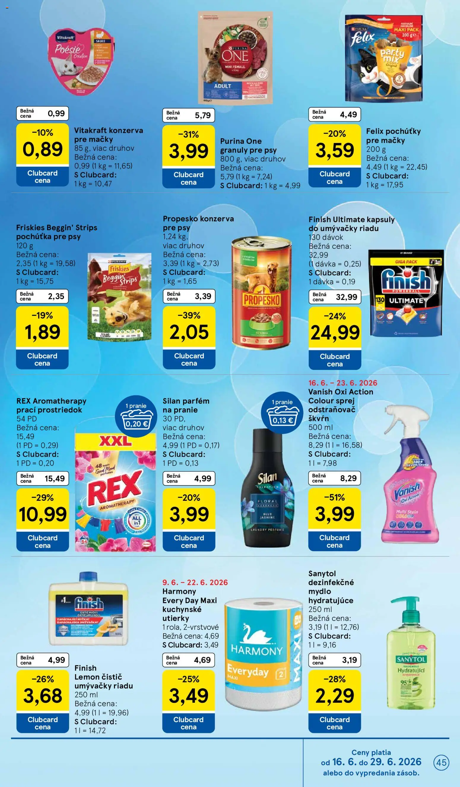 Nové Tesco akcie – leták je platný od 17.06.2026 | Strana: 45 | Produkty: Friskies, Silan, Mydlo, Čistič umývačky riadu