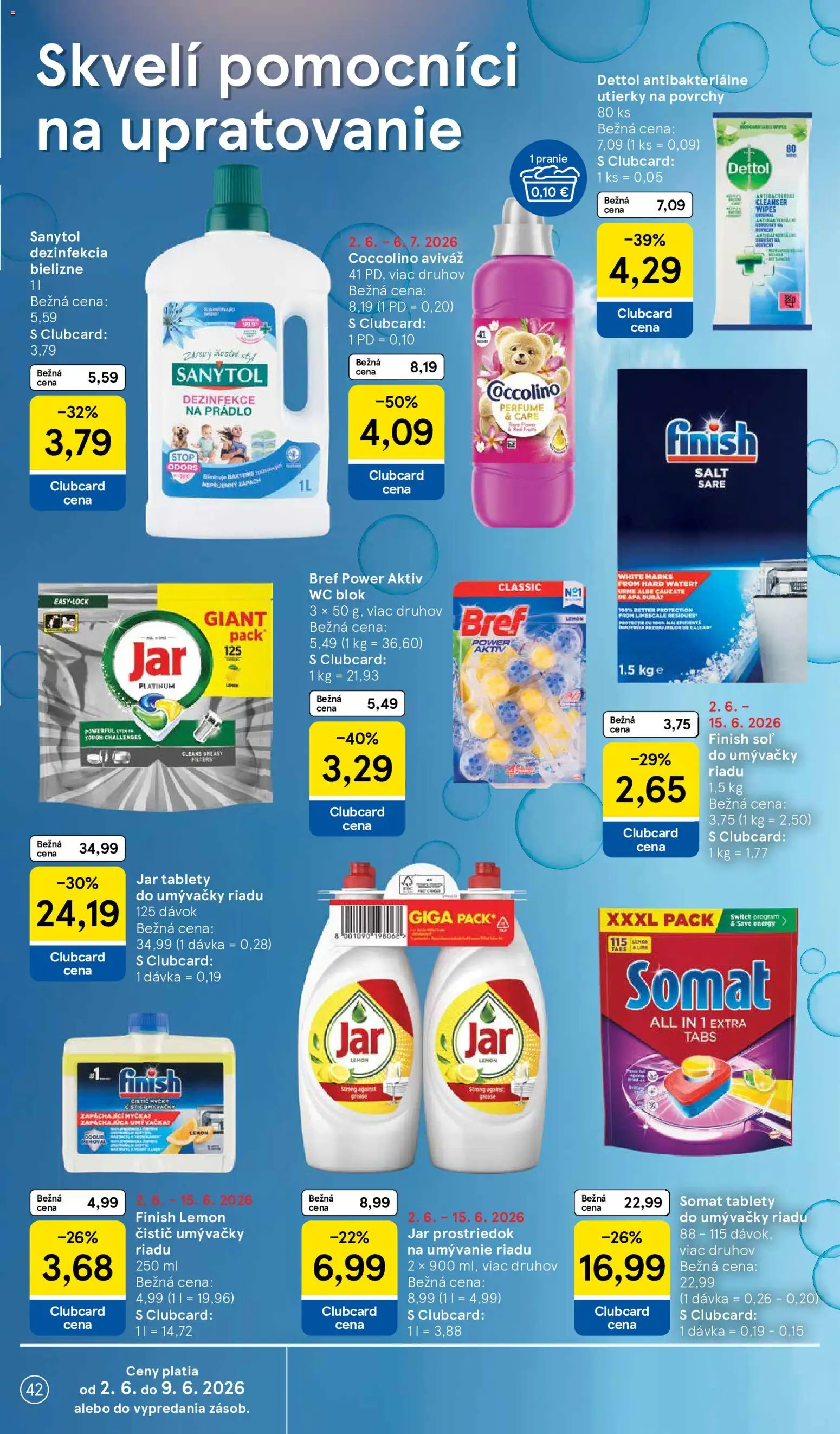 Nové Tesco akcie – leták je platný od 03.06.2026 | Strana: 42 | Produkty: Sanytol, Čistič umývačky riadu, Soľ, Coccolino