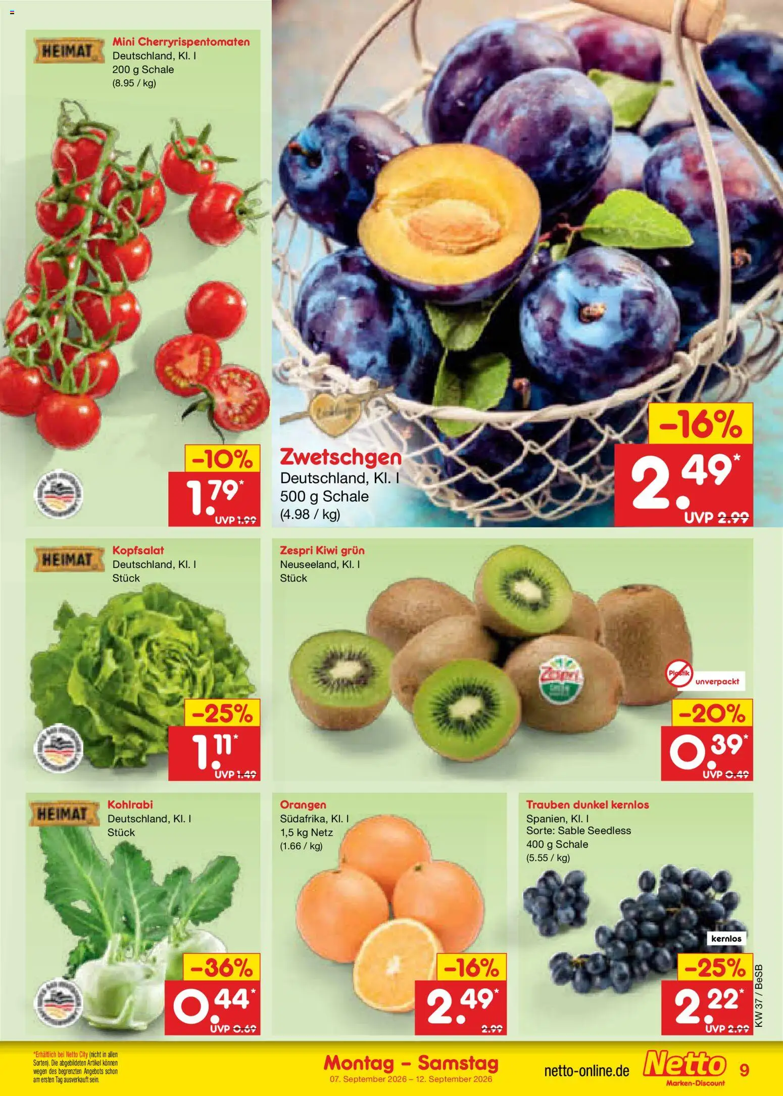 Netto Marken-Discount Prospekt – gültig ab 07.09.2026 | Seite: 15 | Produkte: Kohlrabi, Orangen, Zwetschgen, Kiwi